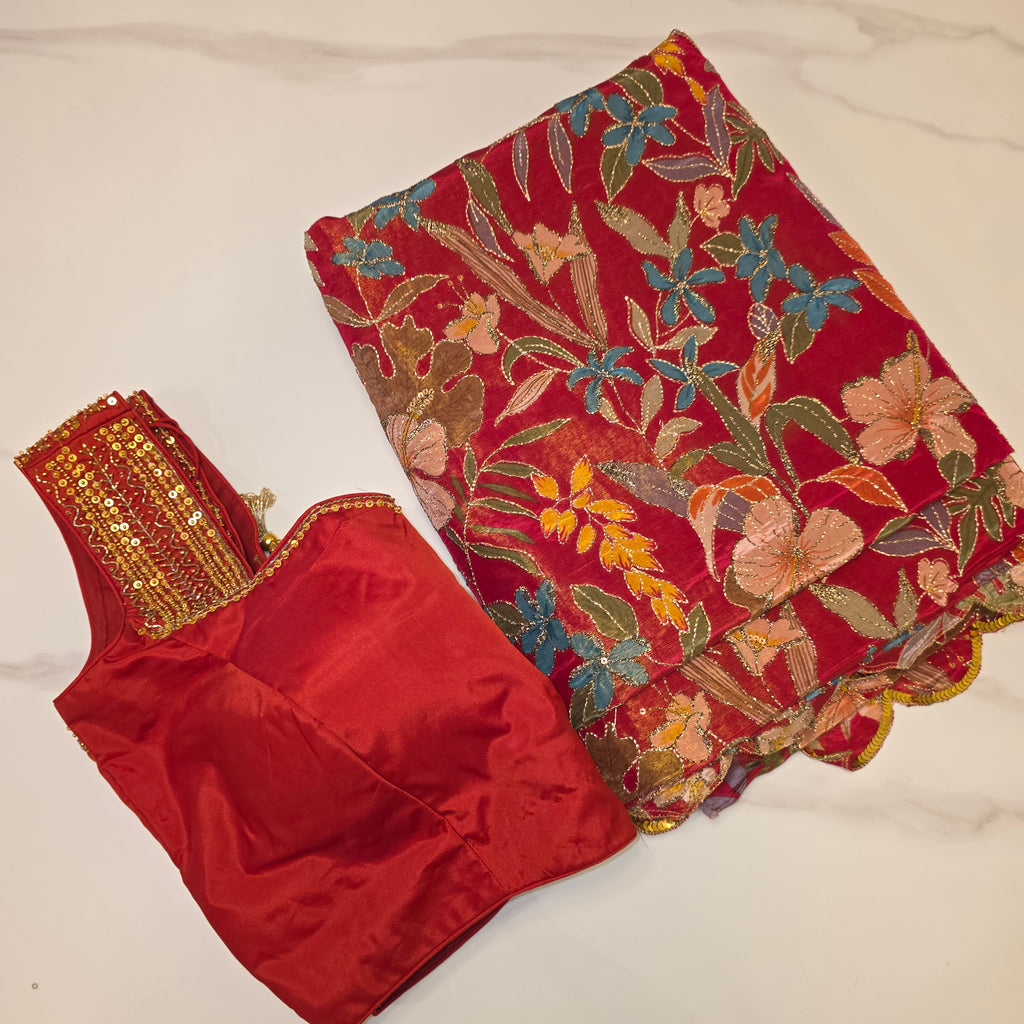Red Designer Floral Highlited Tissue Georgette Saree and Designer Blouse