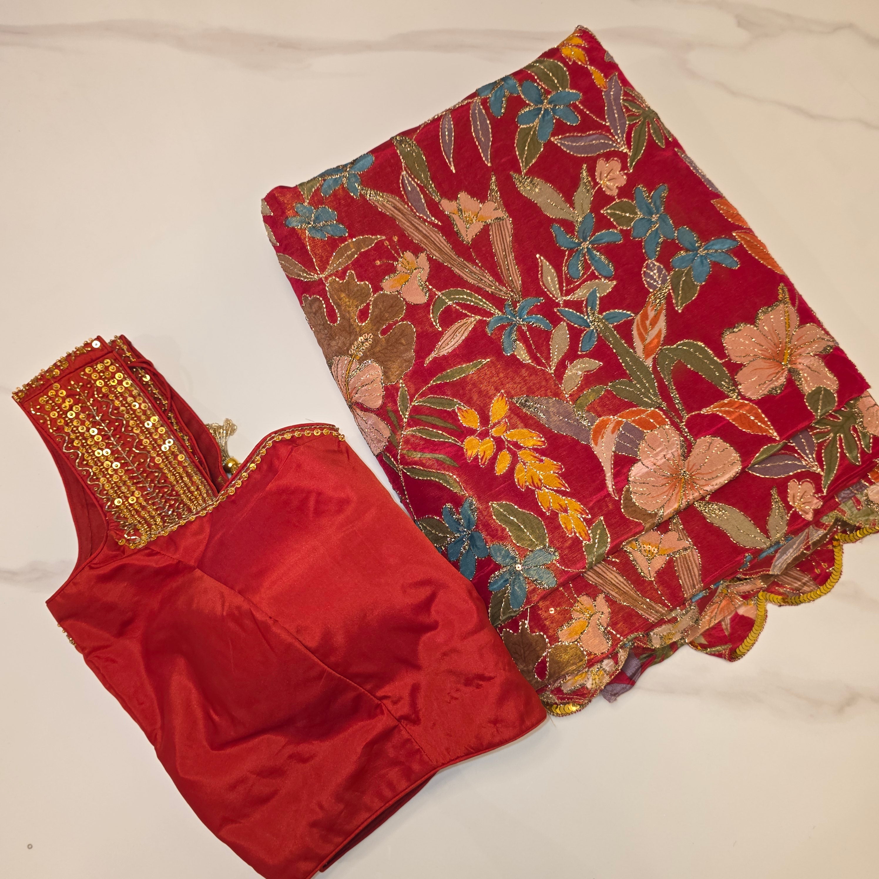 Red Designer Floral Highlited Tissue Georgette Saree and Designer Blouse