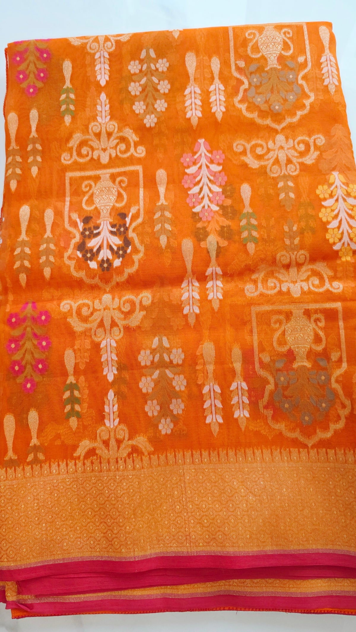 Womens Pure Banaras Kora Jamdani Sarees in Red Paired with Heavy Maggam Work Blouse