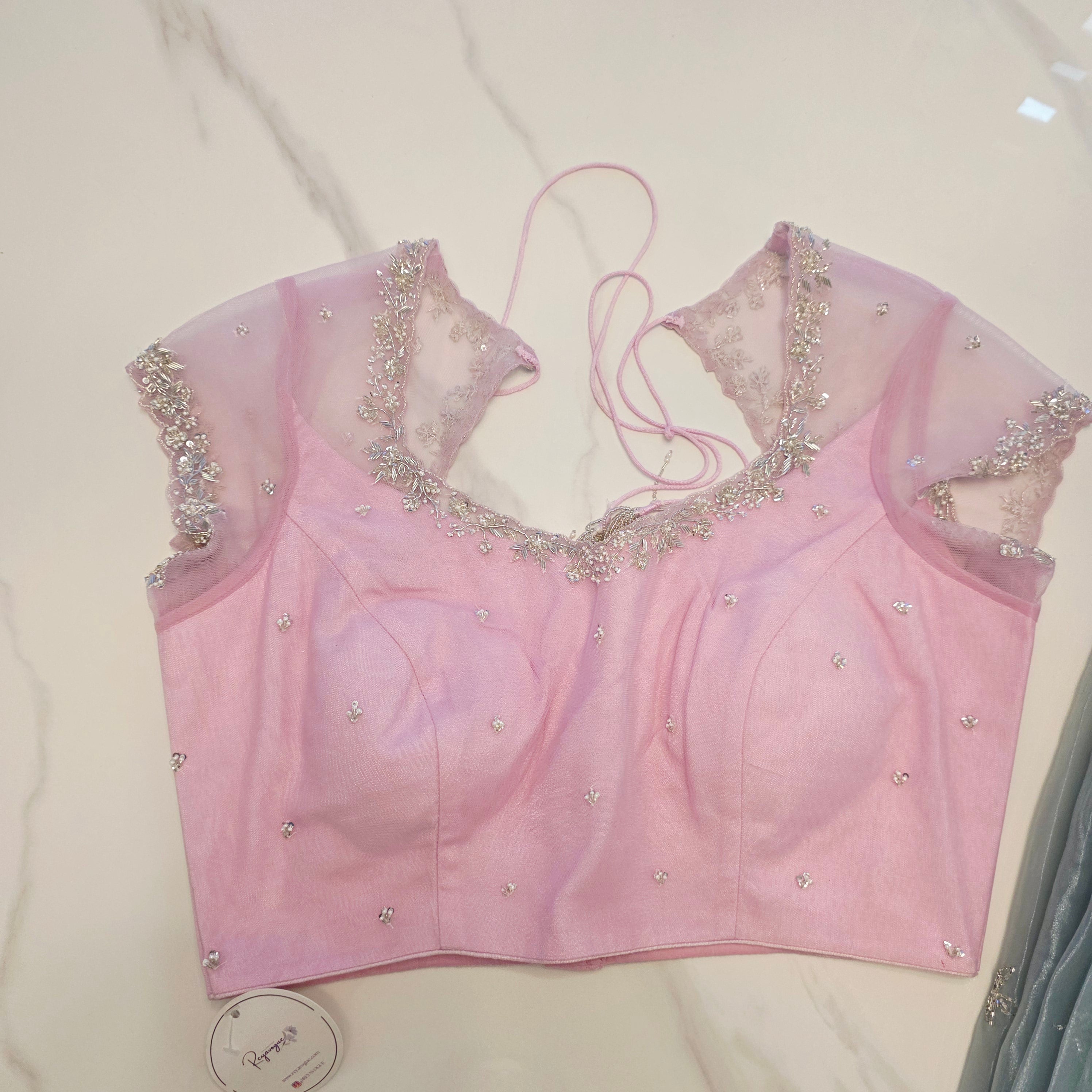 Seagreen Organza Glass Tissue With Mirror Work and BabyPink Net Blouse