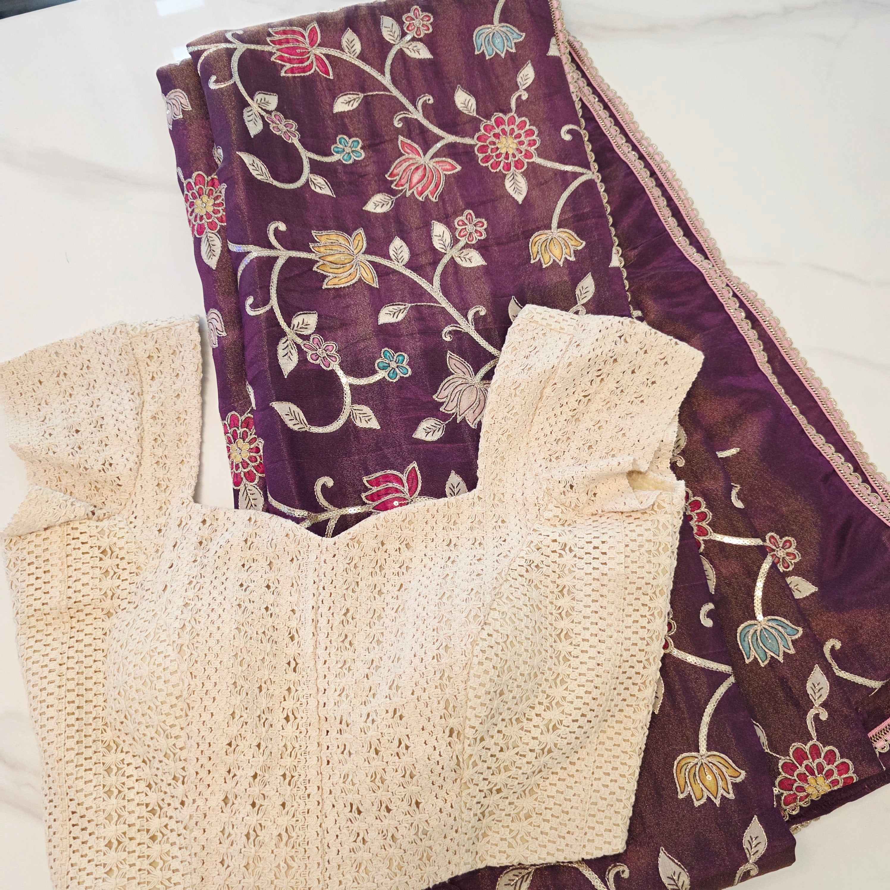 Violet Tissue Kalmkari Applique work saree with lace blouse