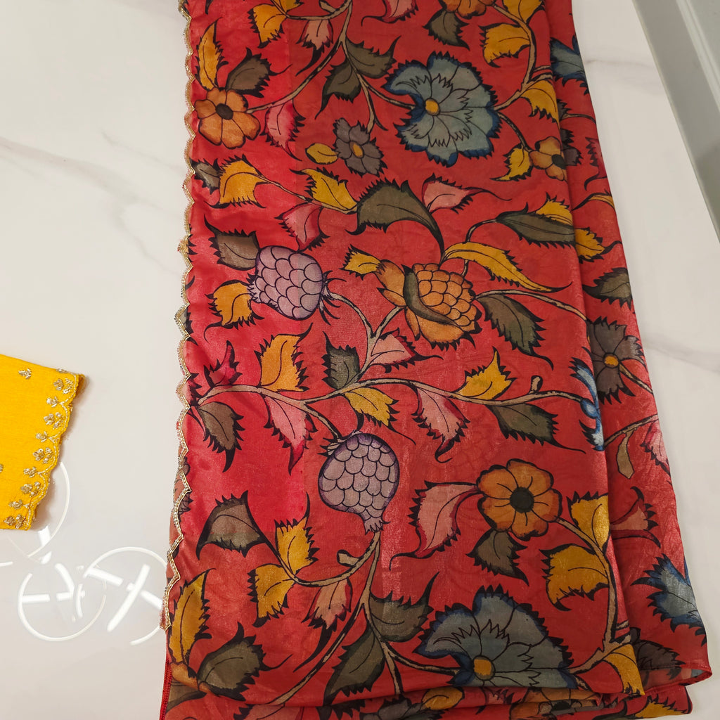 Orange Crape Silk Saree With Yellow Jacket Blouse