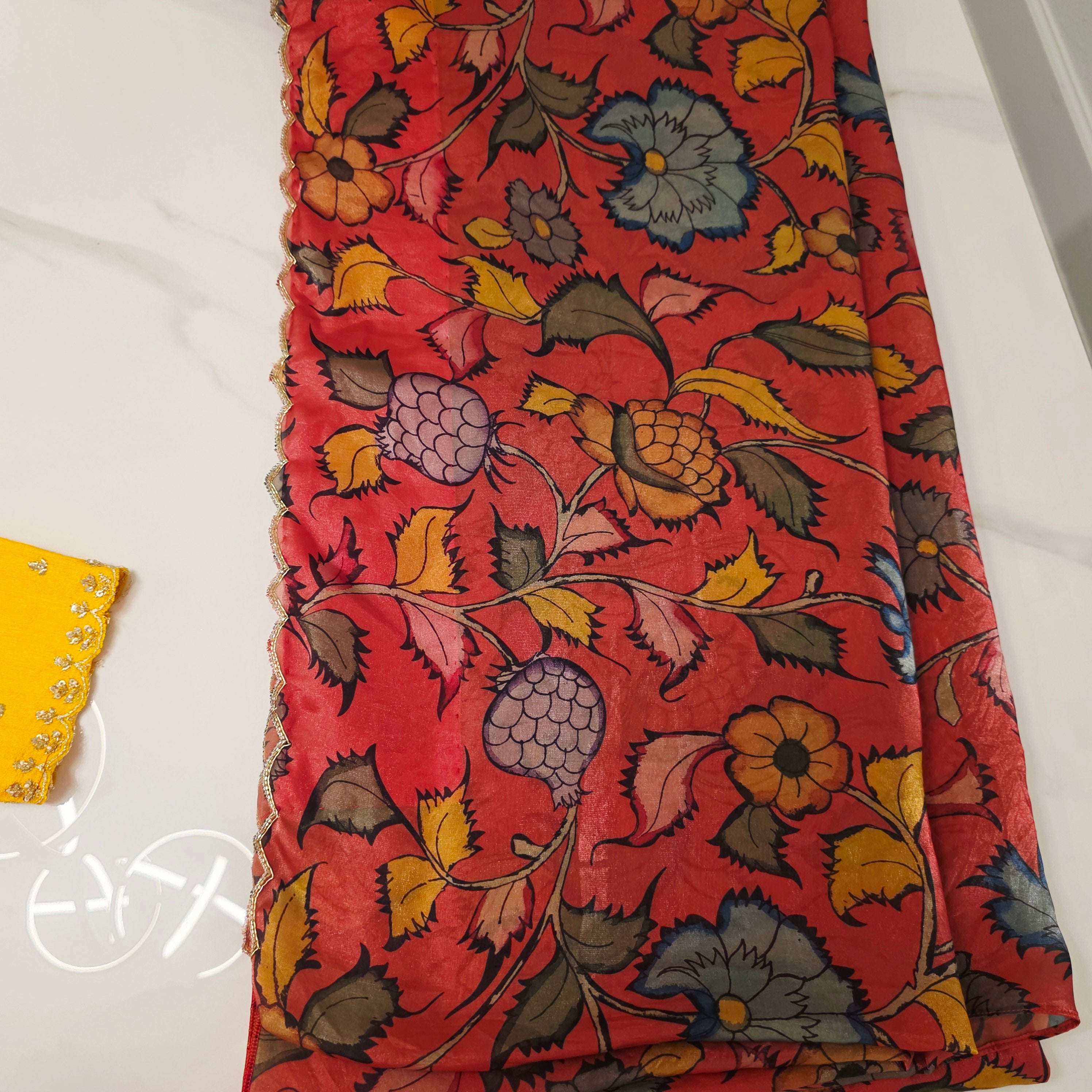 Orange Crape Silk Saree With Yellow Jacket Blouse