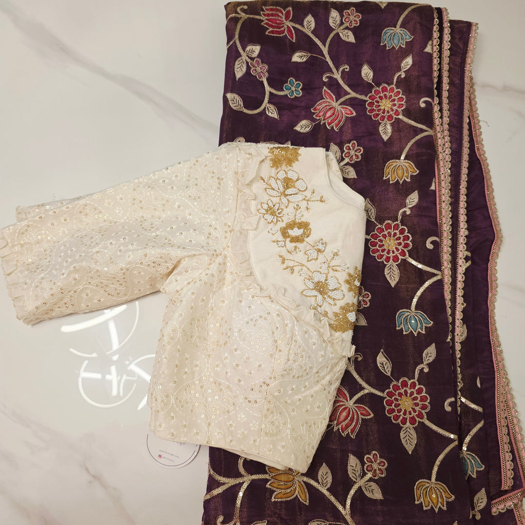 Violette Tissue-Saree mit Kalamkari-Patchwork und Designer-Bluse