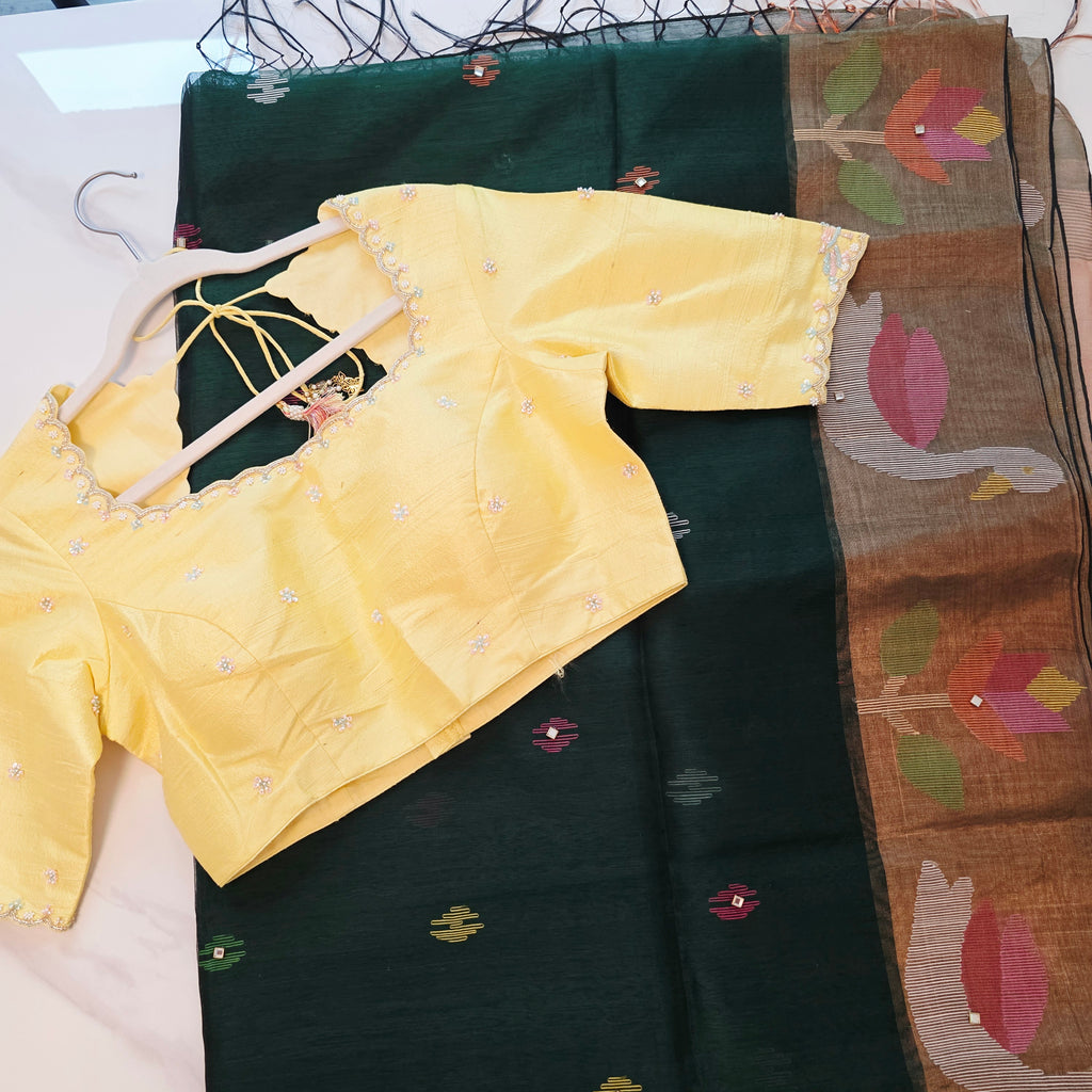 Womens Muslin Jamdani Saree with Kundan Highlights and designer blouse
