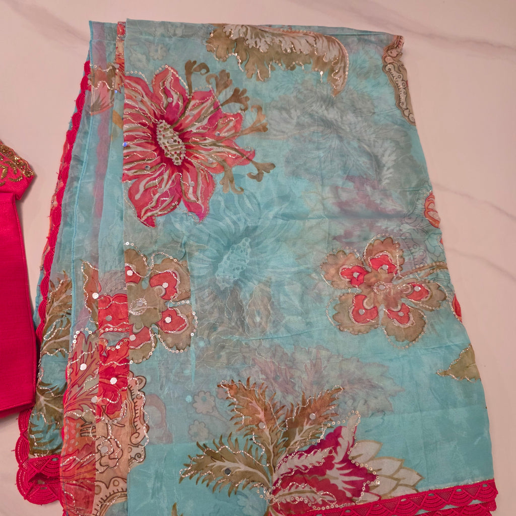 Light Blue Shiny Viscious Organza Saree paied with beautiful Maggam work Blouse