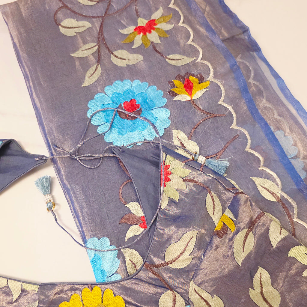 Blue Banaras Saree with Floral Embroidery