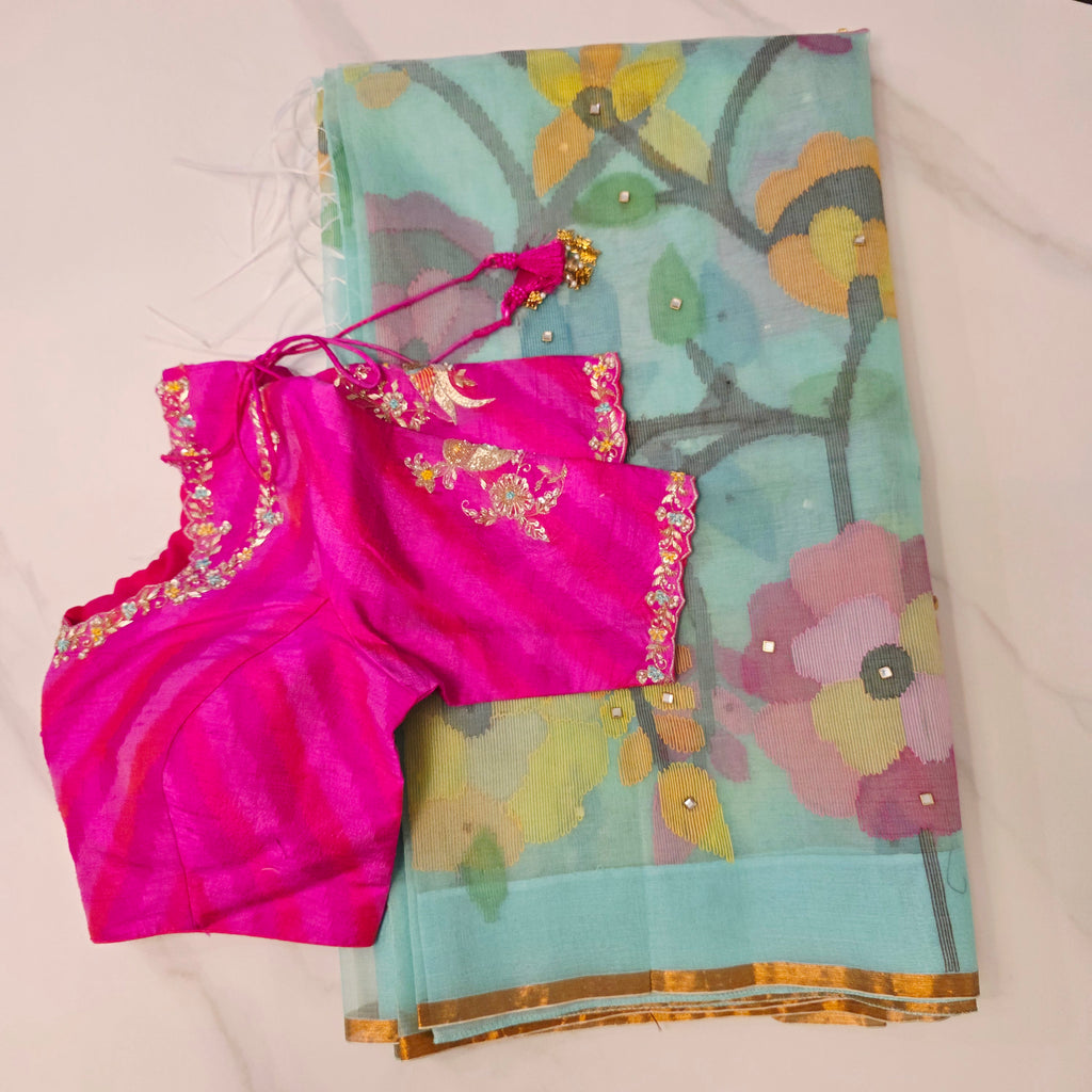 Womens Muslin Jamdani Saree with Kundan Highlights and designer blouse