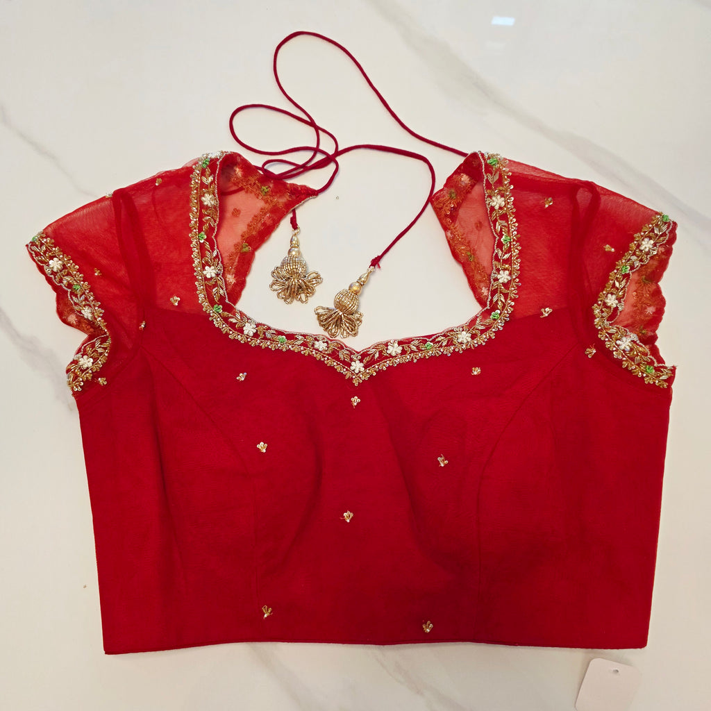 White Viscious Organza Saree with Floral pattern with Net designer Blouse