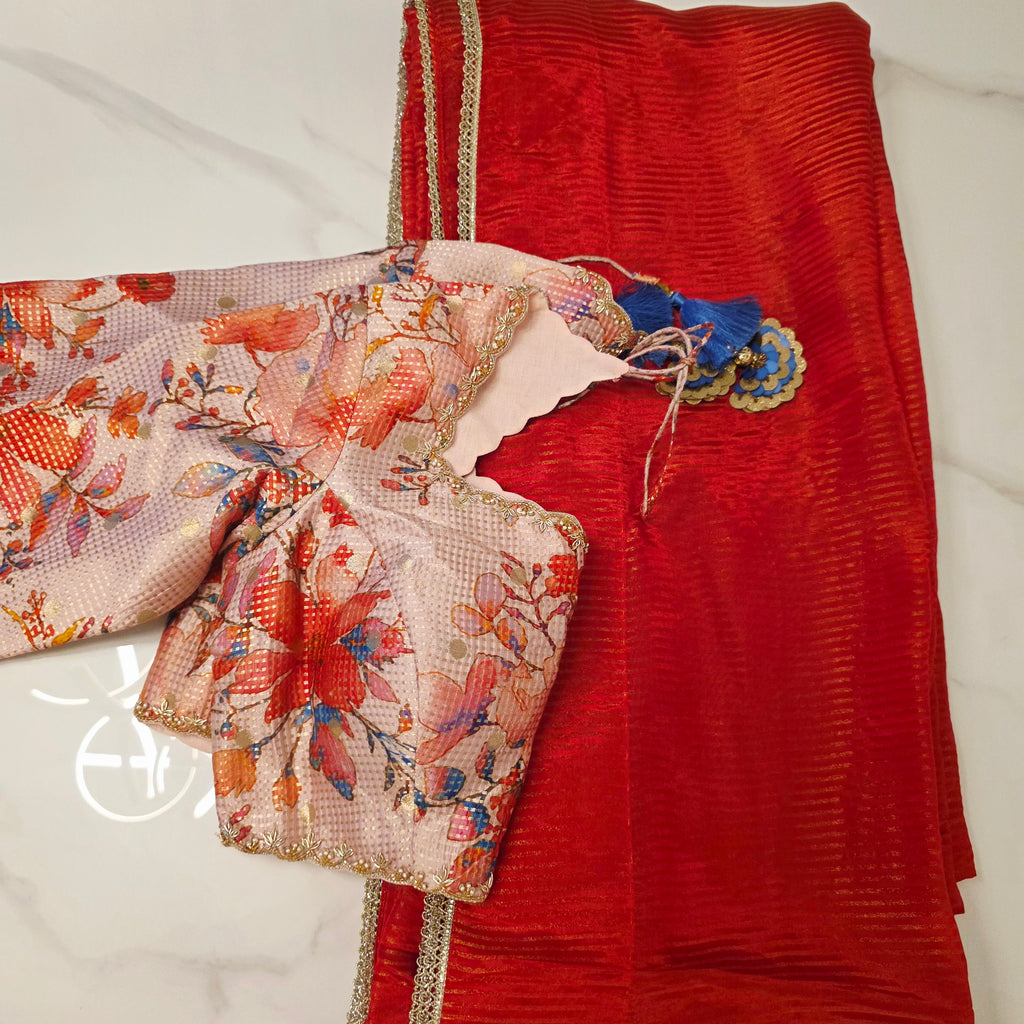 Rote Chanderi Tissue-Streifen-Saree mit geblümter Designer-Bluse
