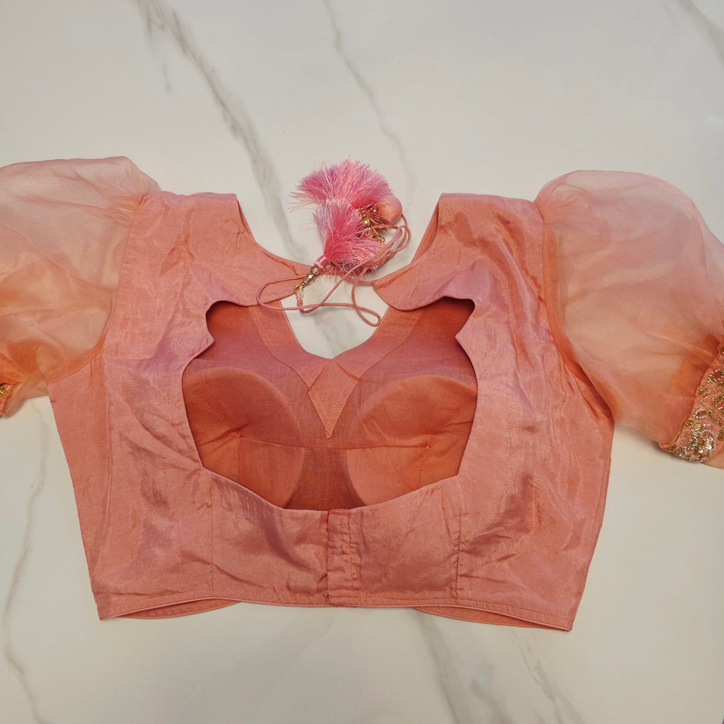 Pink and Blue Designer Saree with trending sleeves blouse.