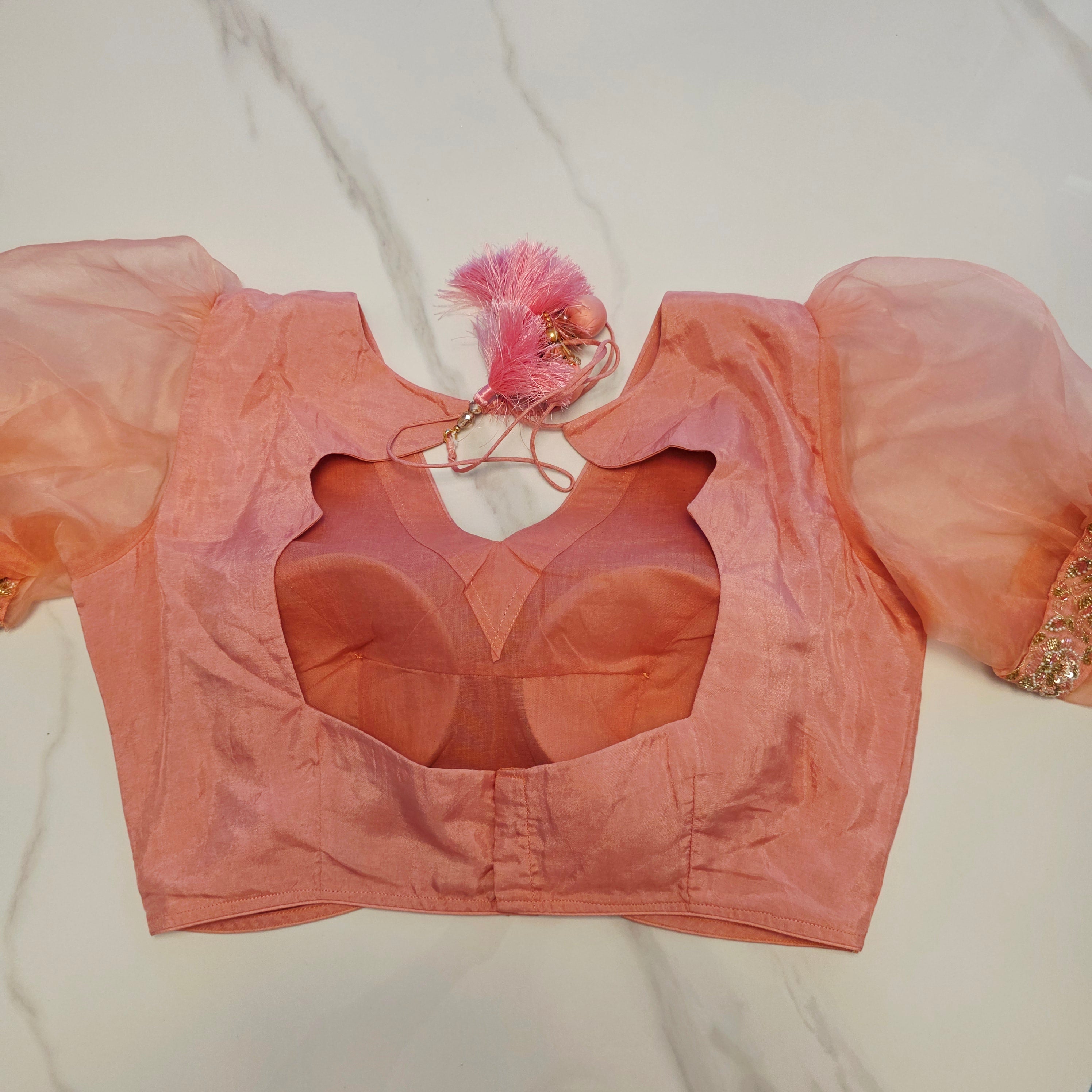 Pink and Blue Designer Saree with trending sleeves blouse.