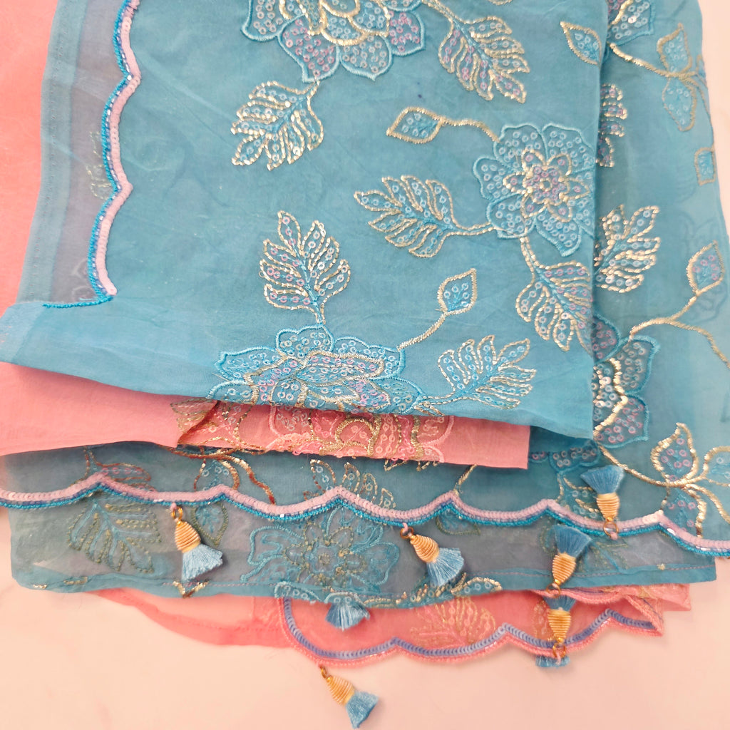 Pink and Blue Designer Saree with trending sleeves blouse.