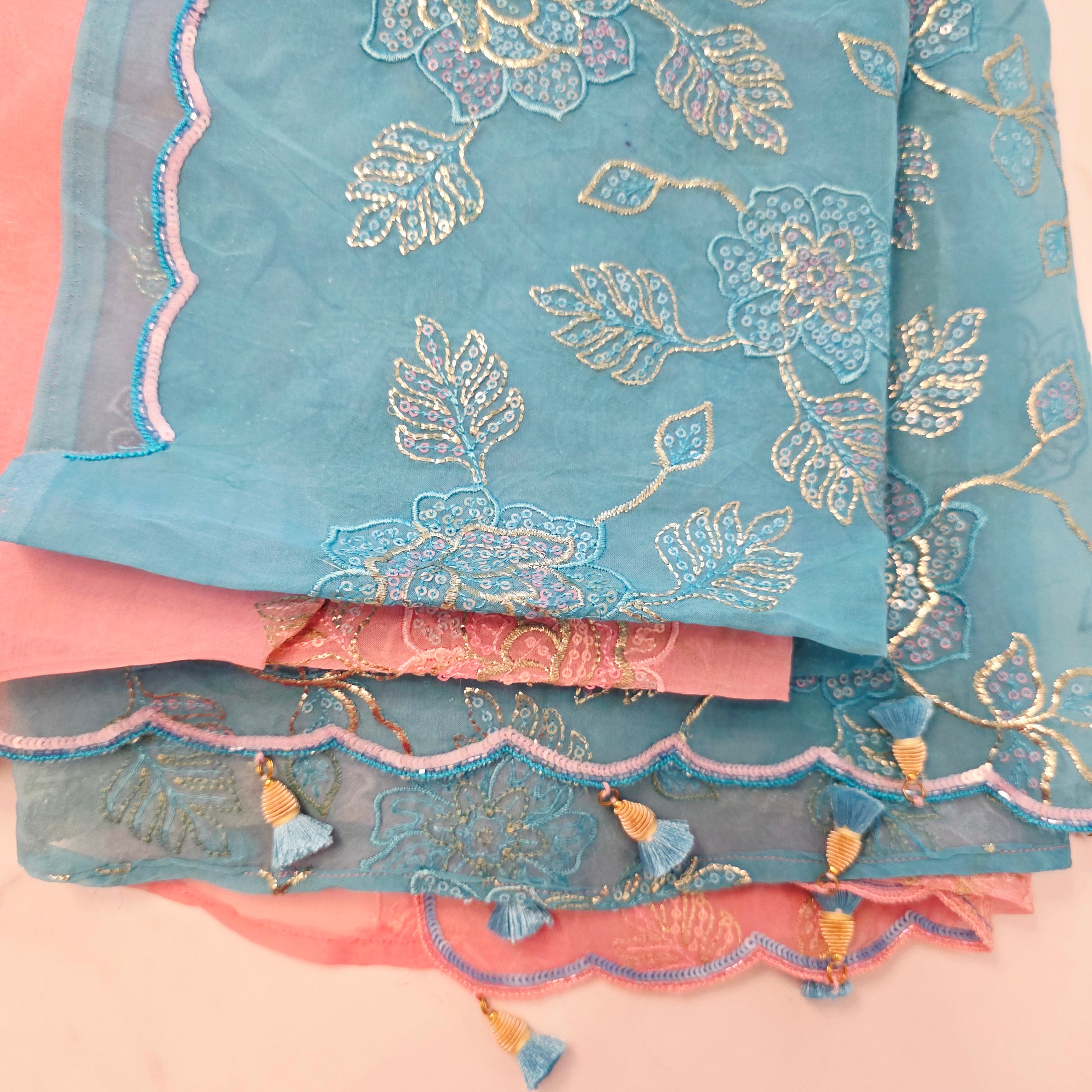 Pink and Blue Designer Saree with trending sleeves blouse.