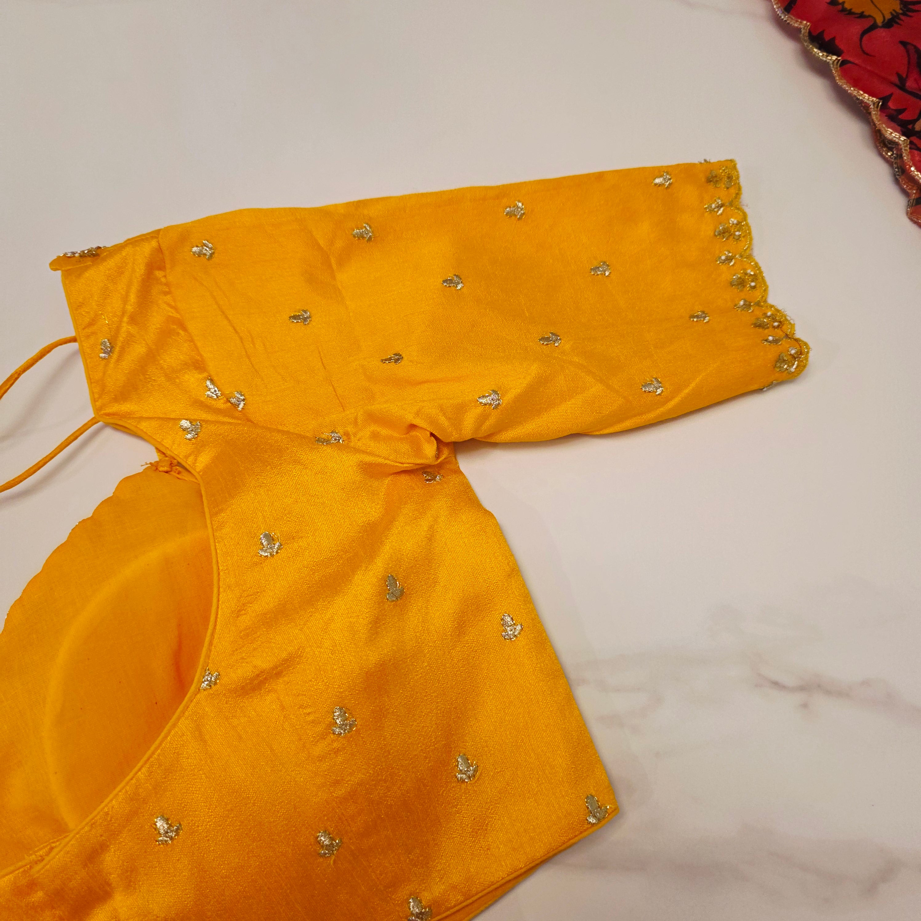 Orange Crape Silk Saree With Yellow Jacket Blouse