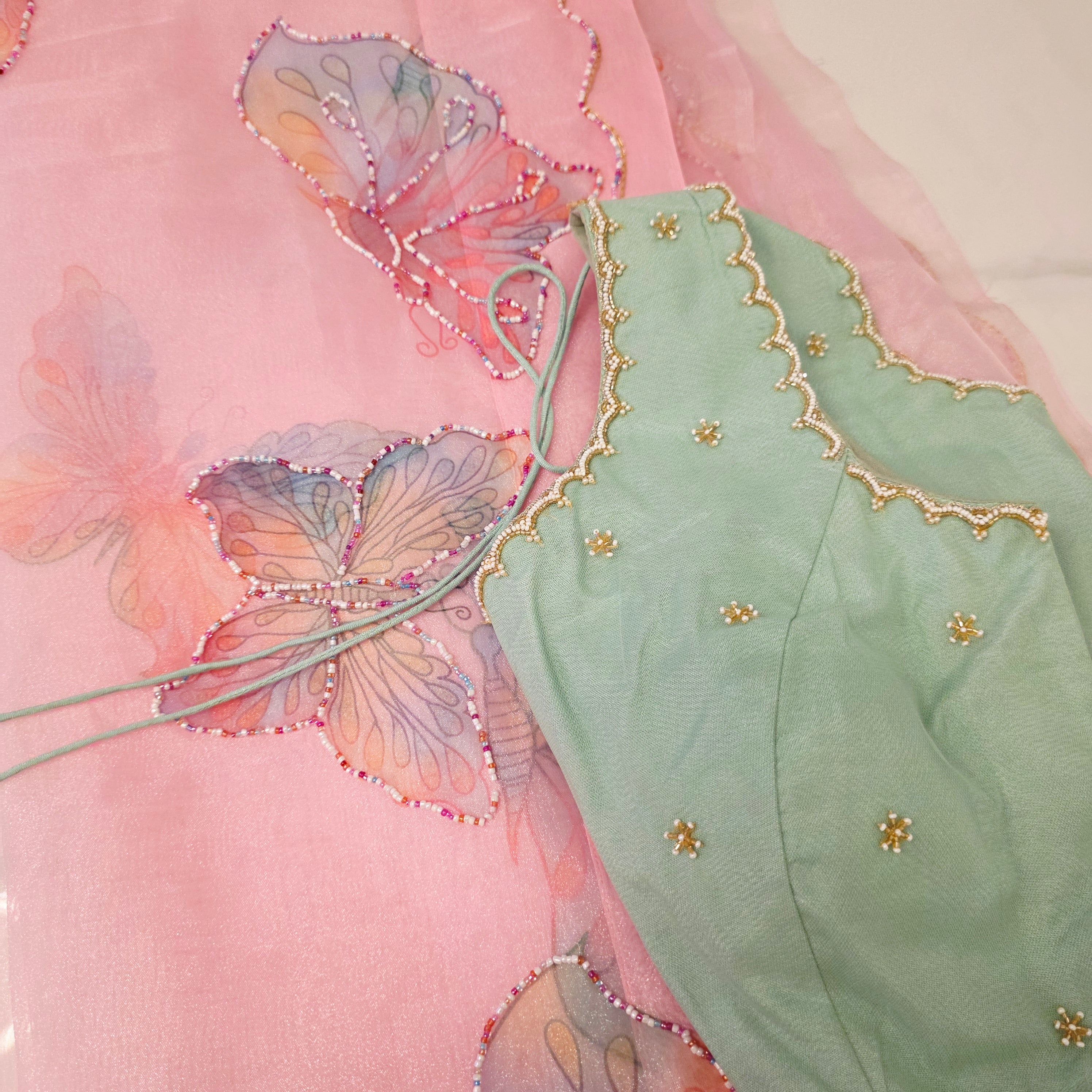 Babypink glass organza butterfly saree with Pistagreen netblouse