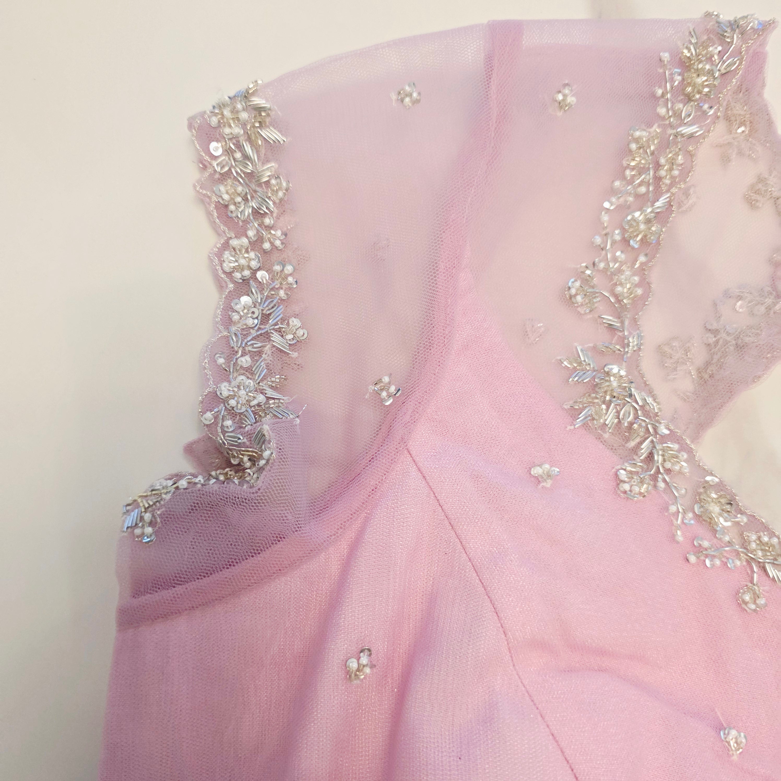 Seagreen Organza Glass Tissue With Mirror Work and BabyPink Net Blouse