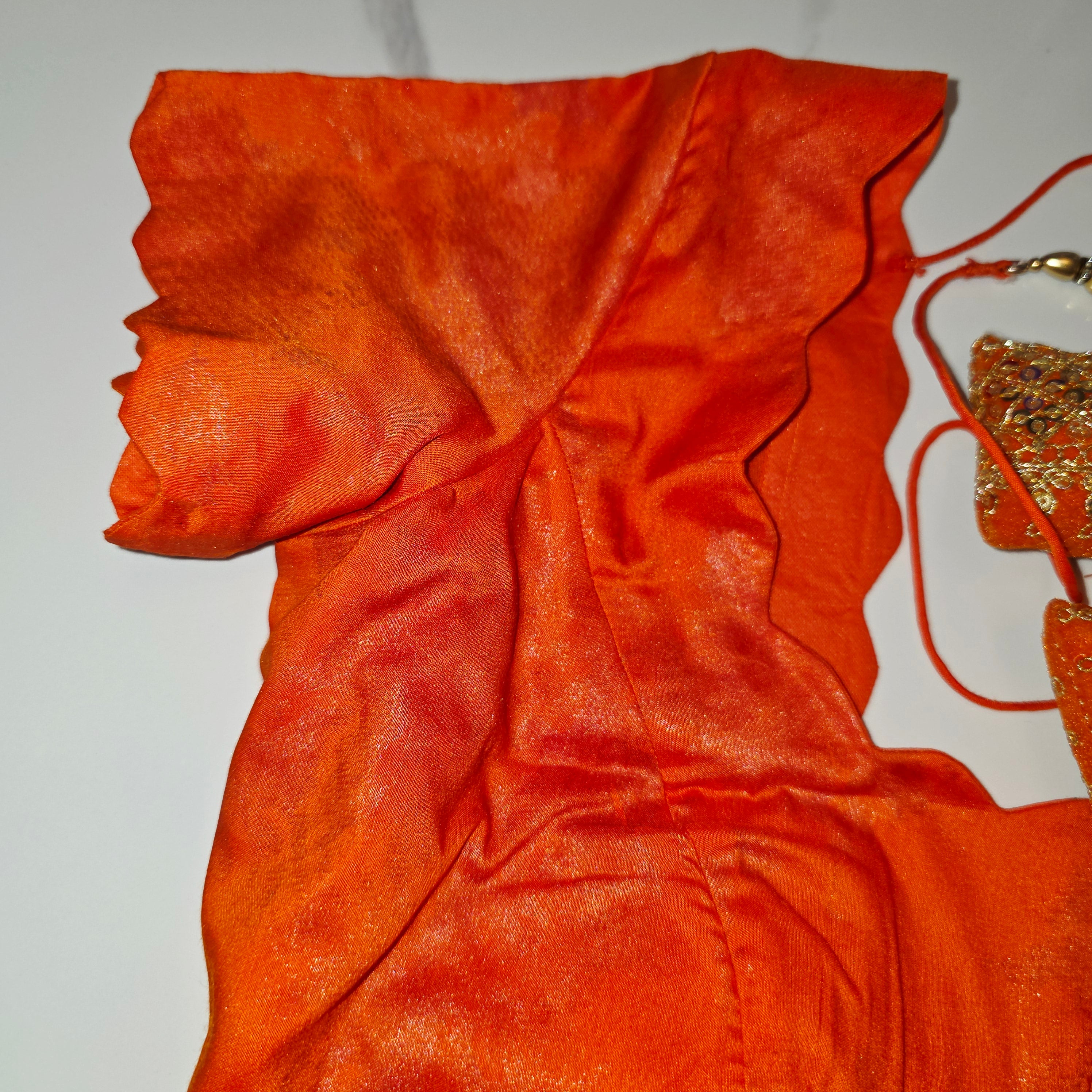 Himmelblaue Organza-Sari mit Blumenpailletten und leuchtend oranger Bluse