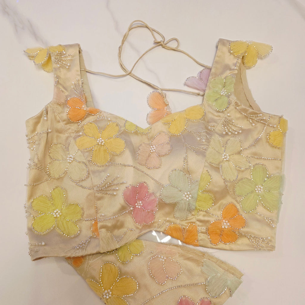 Parrot Green Tissue Saree With 3D Floral Blouse