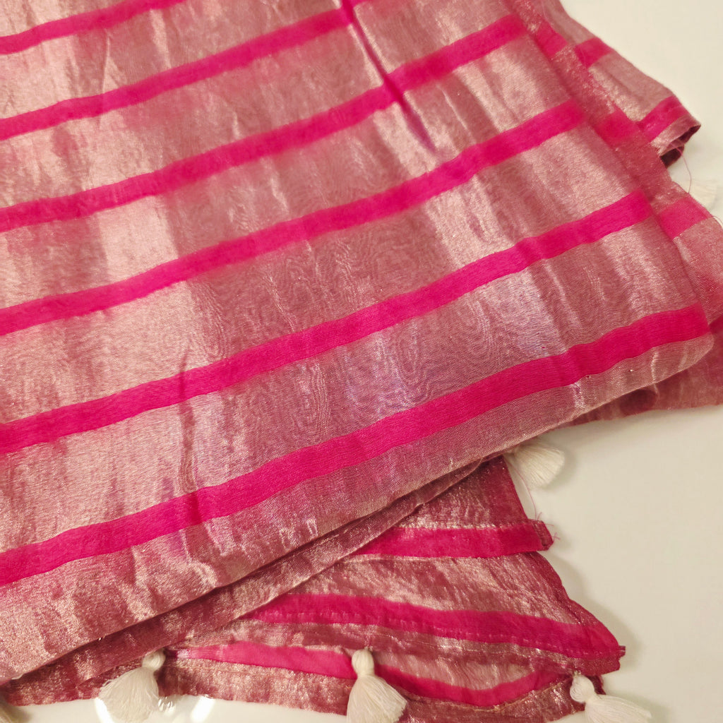 Hotpink Viscious Orgamza Stripes Saree with Net designer blouse