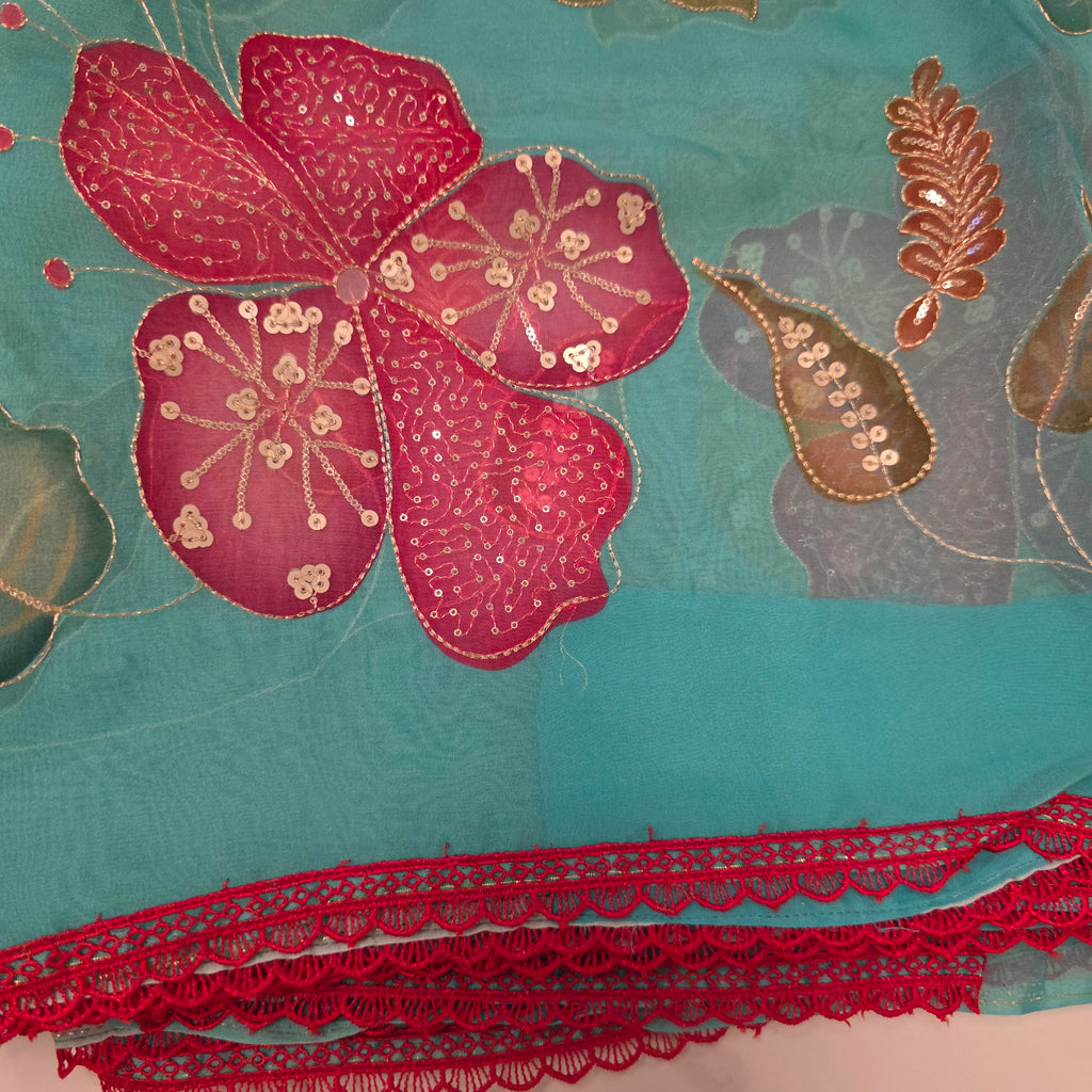 Teal Blue Oraganza Saree -Latest and Trendy with Floral Hibiscus theme paired with cute short sleeve blouse