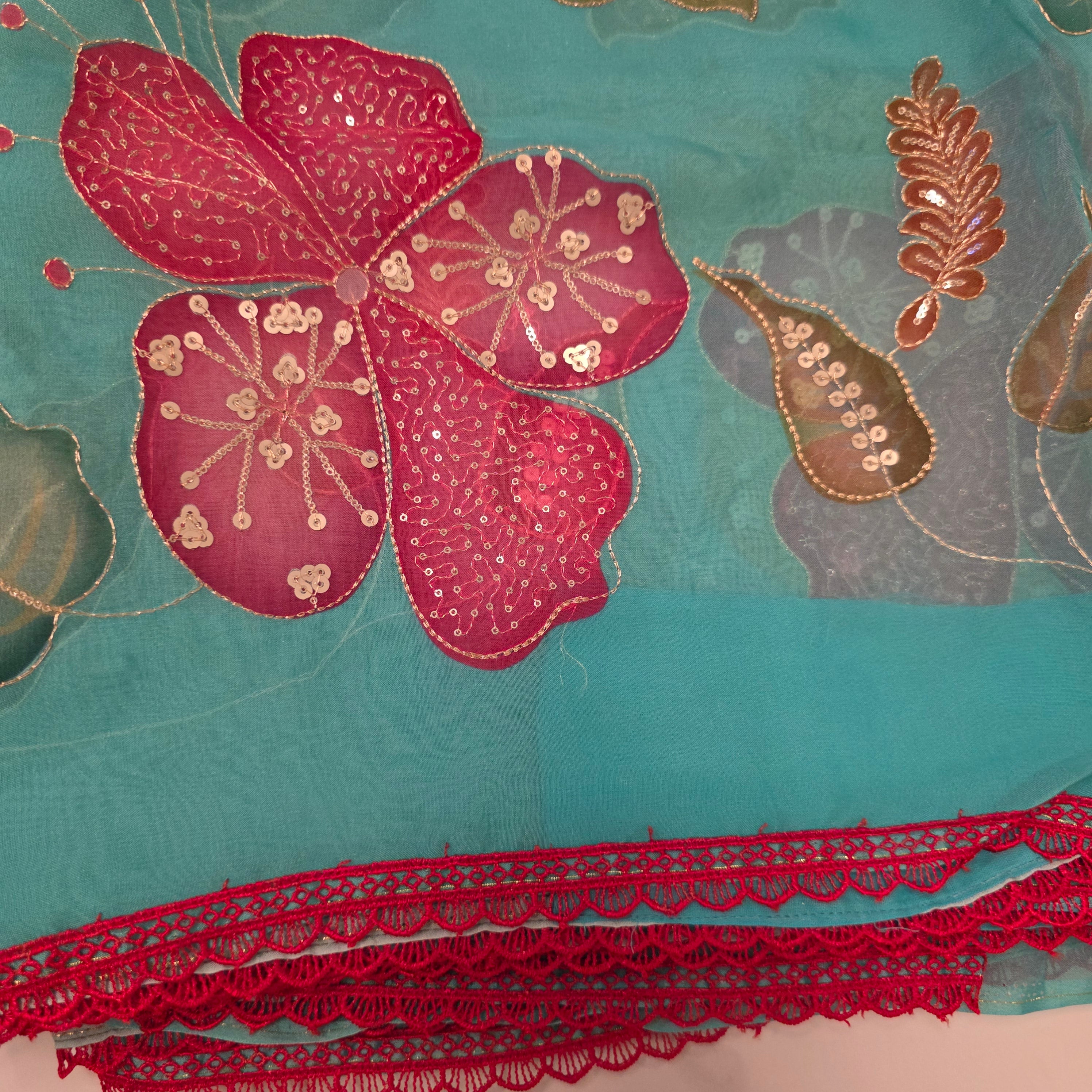 Teal Blue Oraganza Saree -Latest and Trendy with Floral Hibiscus theme paired with cute short sleeve blouse