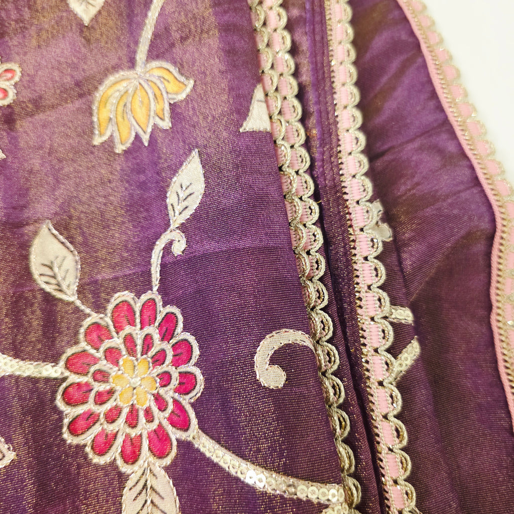 Violette Tissue-Saree mit Kalamkari-Patchwork und Designer-Bluse