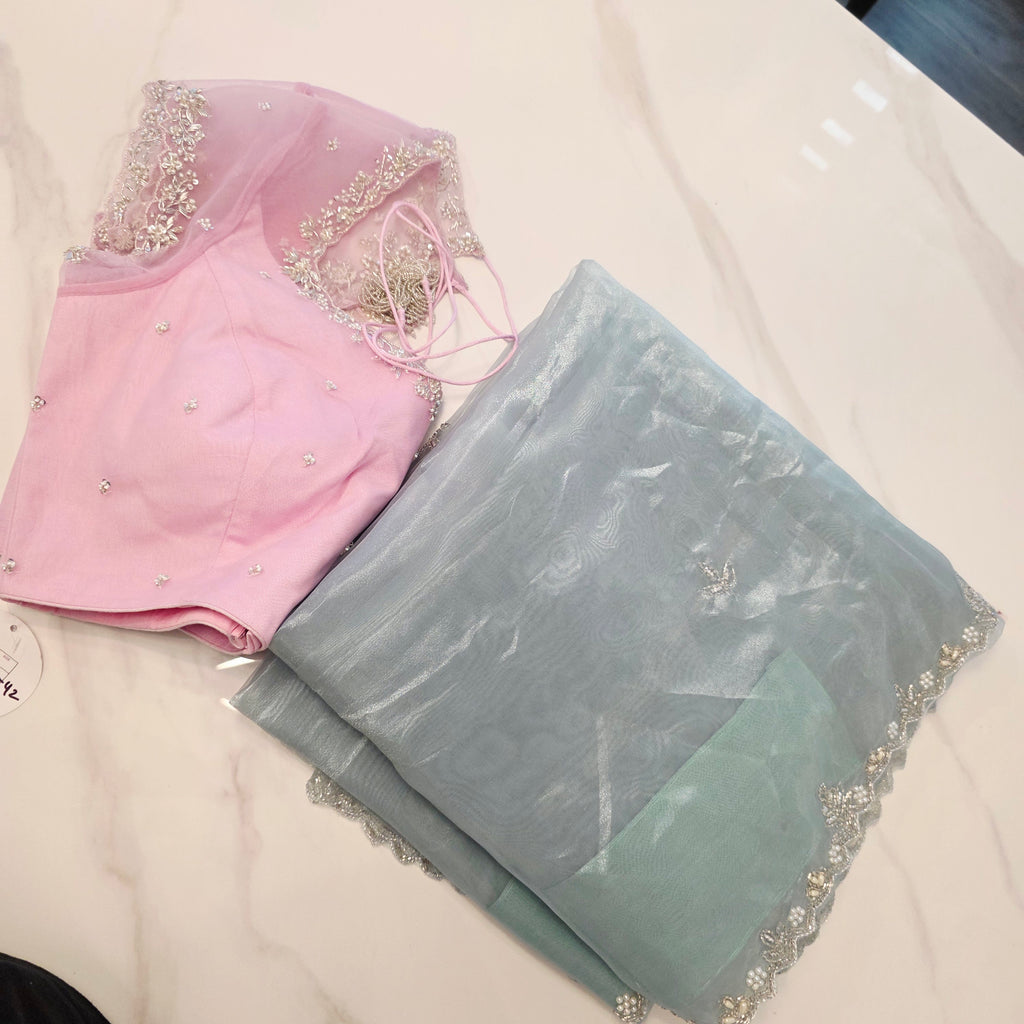 Seagreen Organza Glass Tissue With Mirror Work and BabyPink Net Blouse