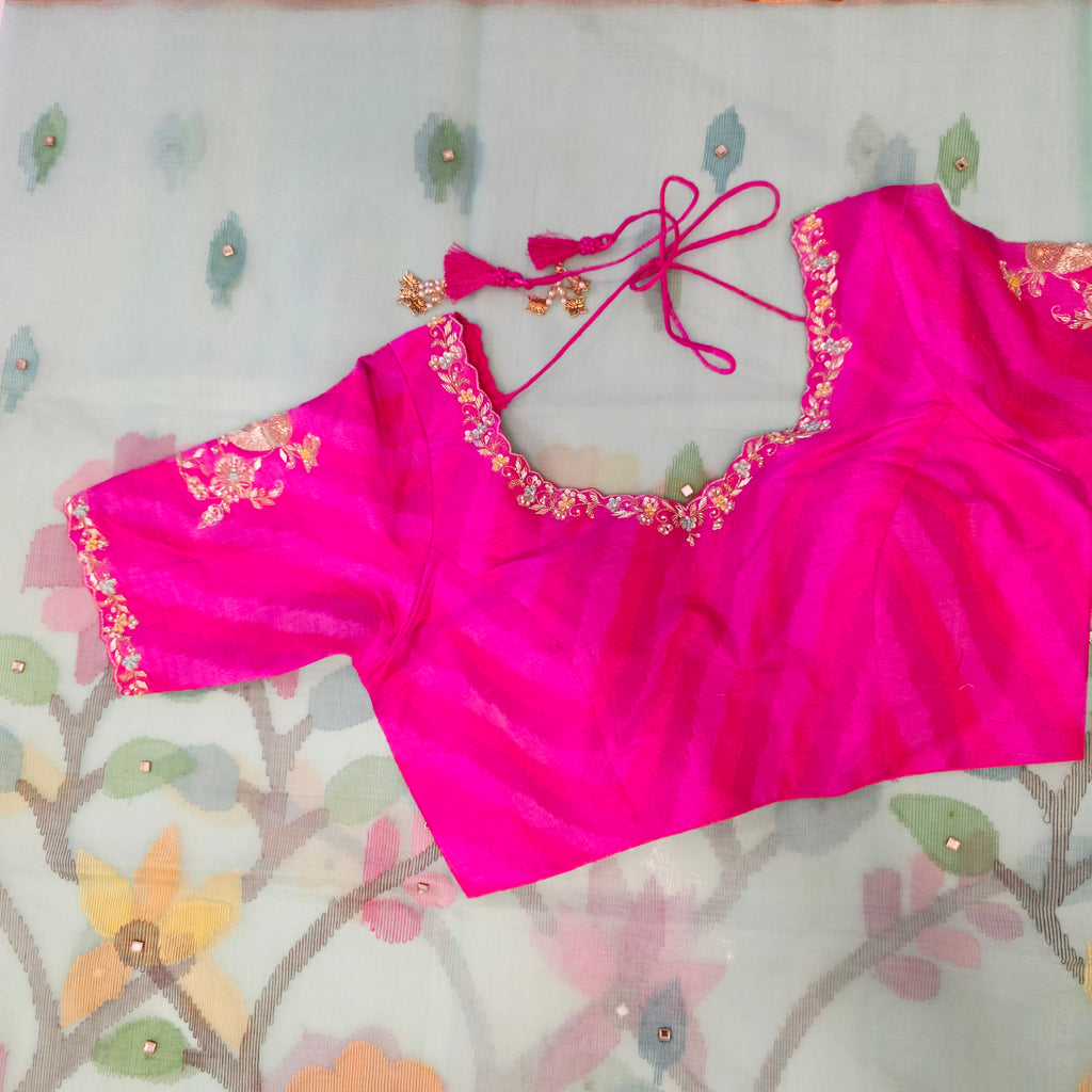 Womens Muslin Jamdani Saree with Kundan Highlights and designer blouse
