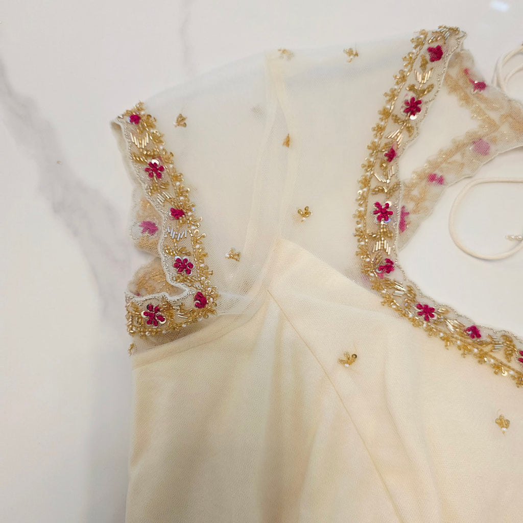 Pink Tissue Saree With Kalamkari Applique Work and Beautiful Net Blouse