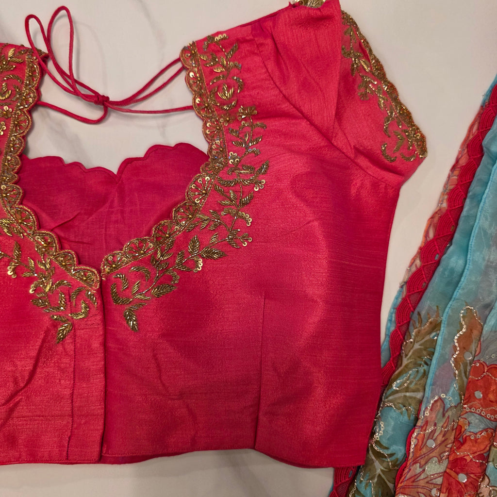 Light Blue Shiny Viscious Organza Saree paied with beautiful Maggam work Blouse