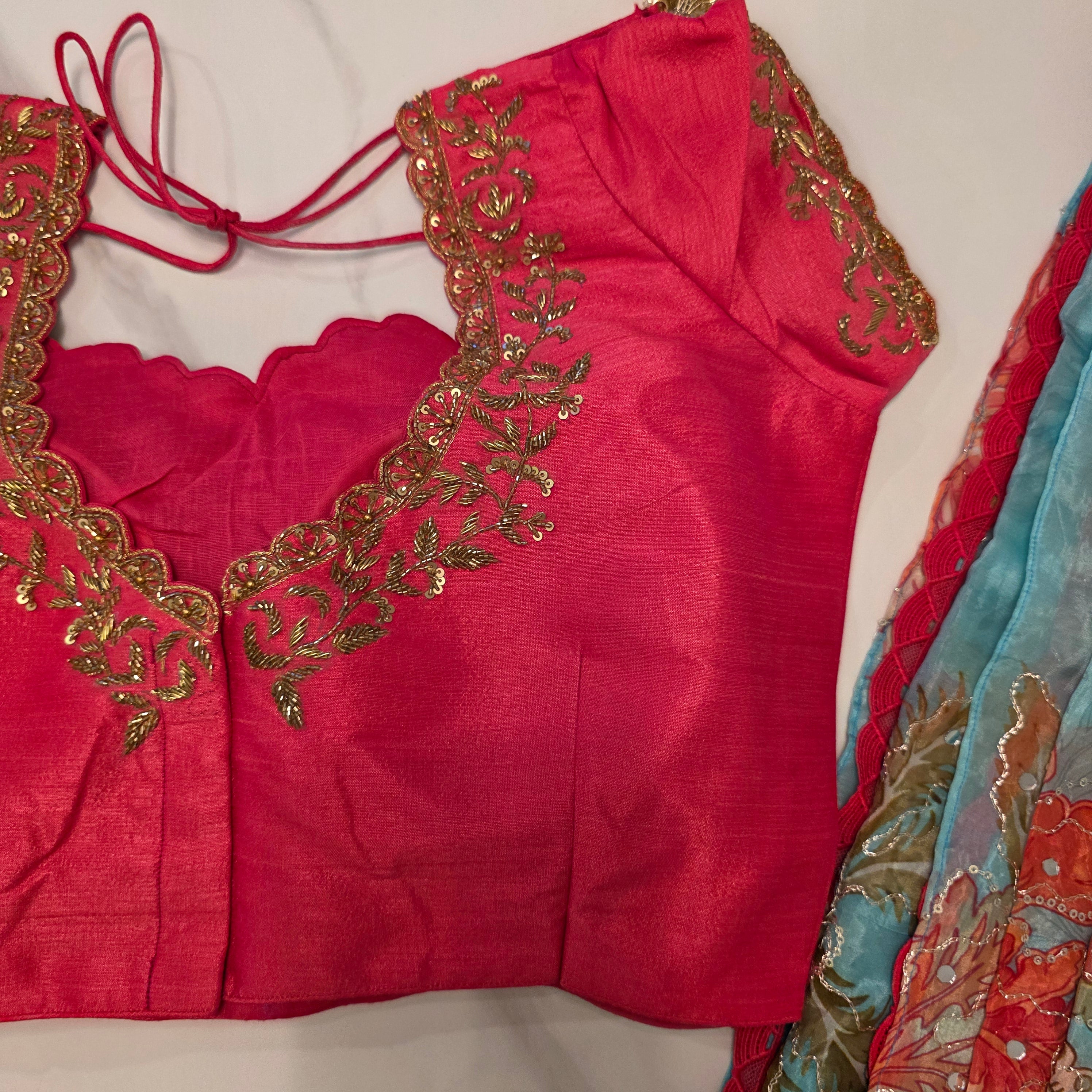 Light Blue Shiny Viscious Organza Saree paied with beautiful Maggam work Blouse