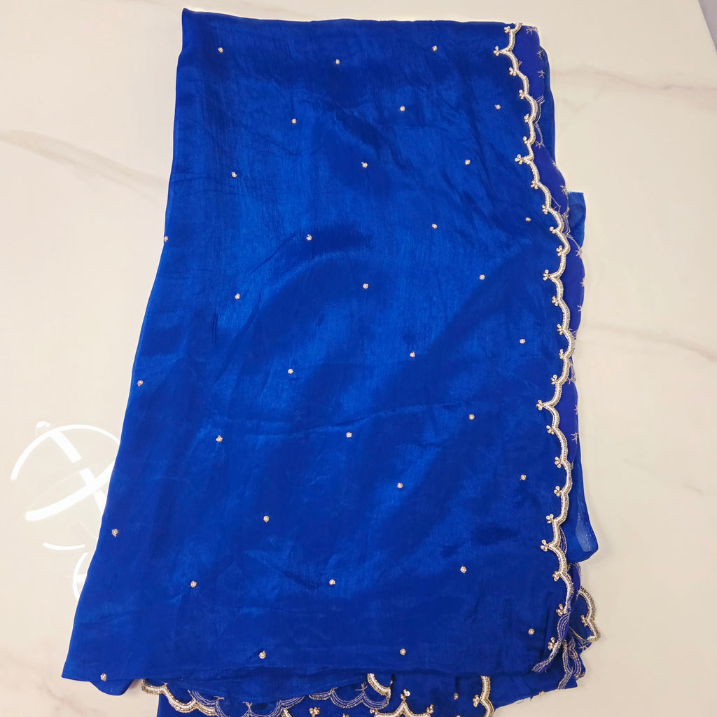 Royalblue Pure Georgette Saree With allover highlights and modern blouse