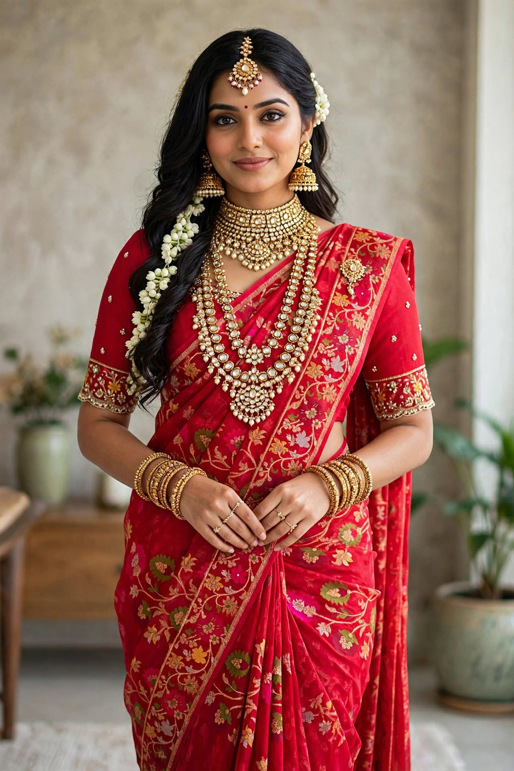 Womens Pure Banaras Kora Jamdani Sarees in Red Paired with Heavy Maggam Work Blouse