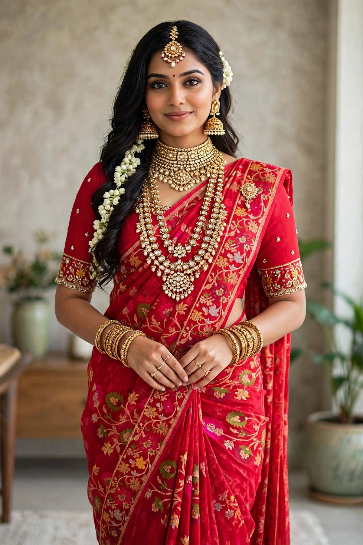 Womens Pure Banaras Kora Jamdani Sarees in Red Paired with Heavy Maggam Work Blouse