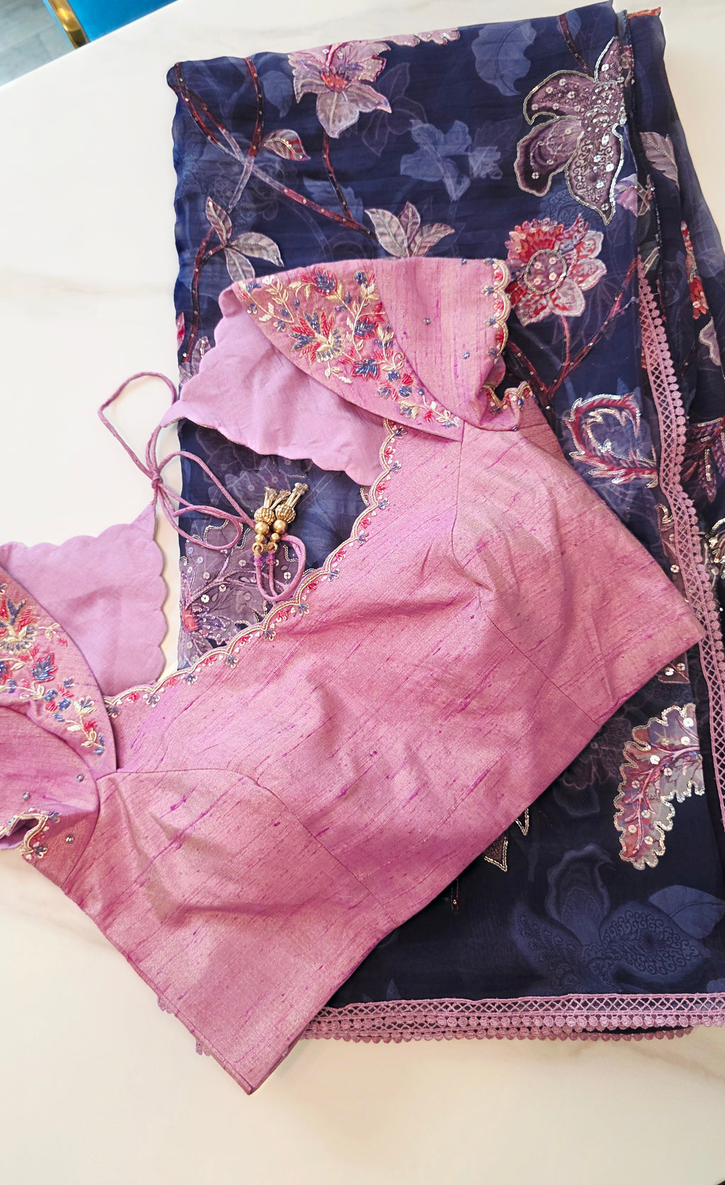 Womens Floral Viscious Organza Saree and Tissue Rawsilk Maggam work blouse