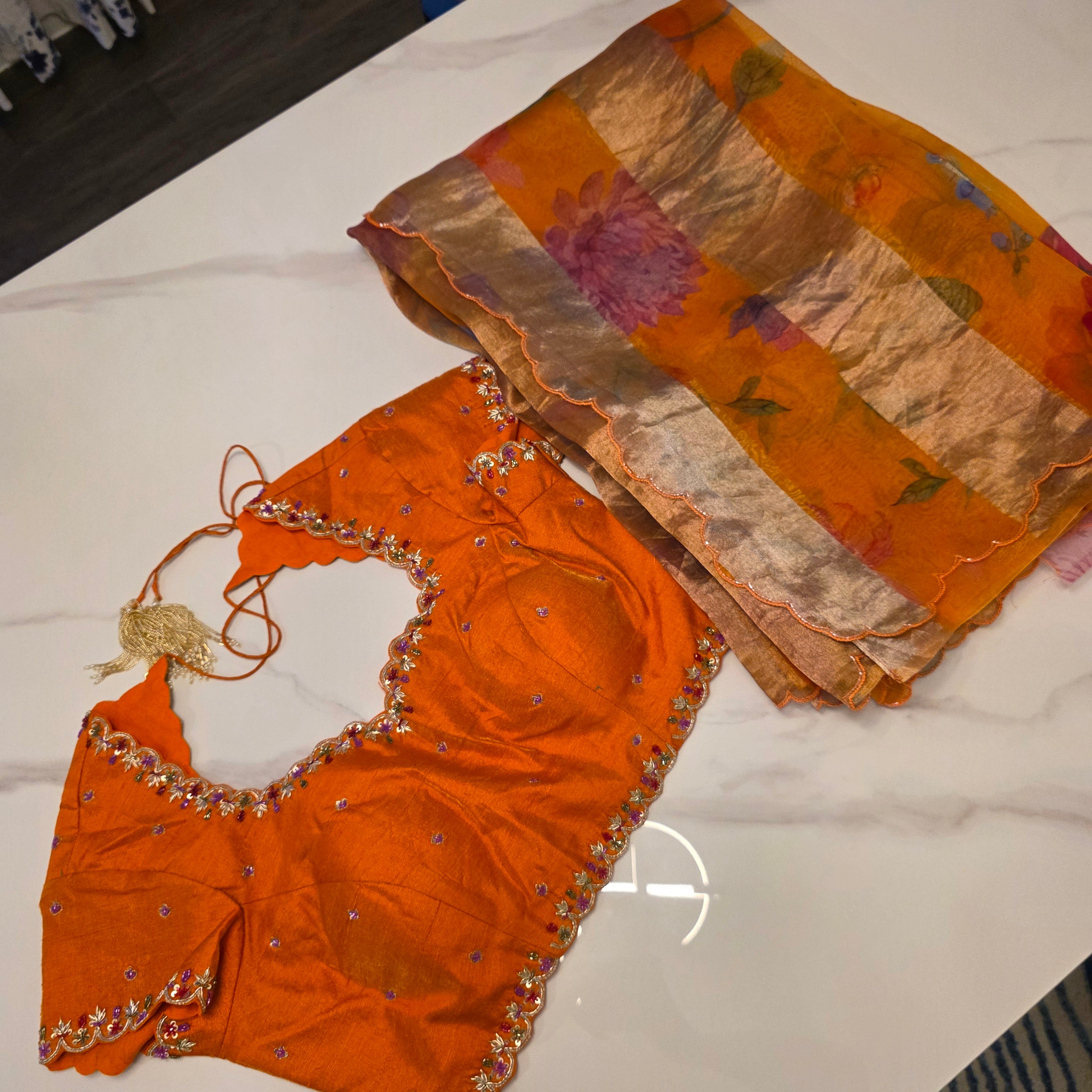 Latest Pure Organza Orange Colour Saree With Stripes with Heavy Blouse