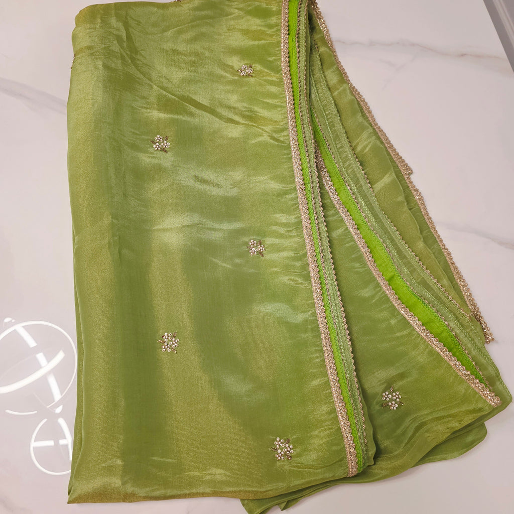 Parrot Green Tissue Saree With 3D Floral Blouse