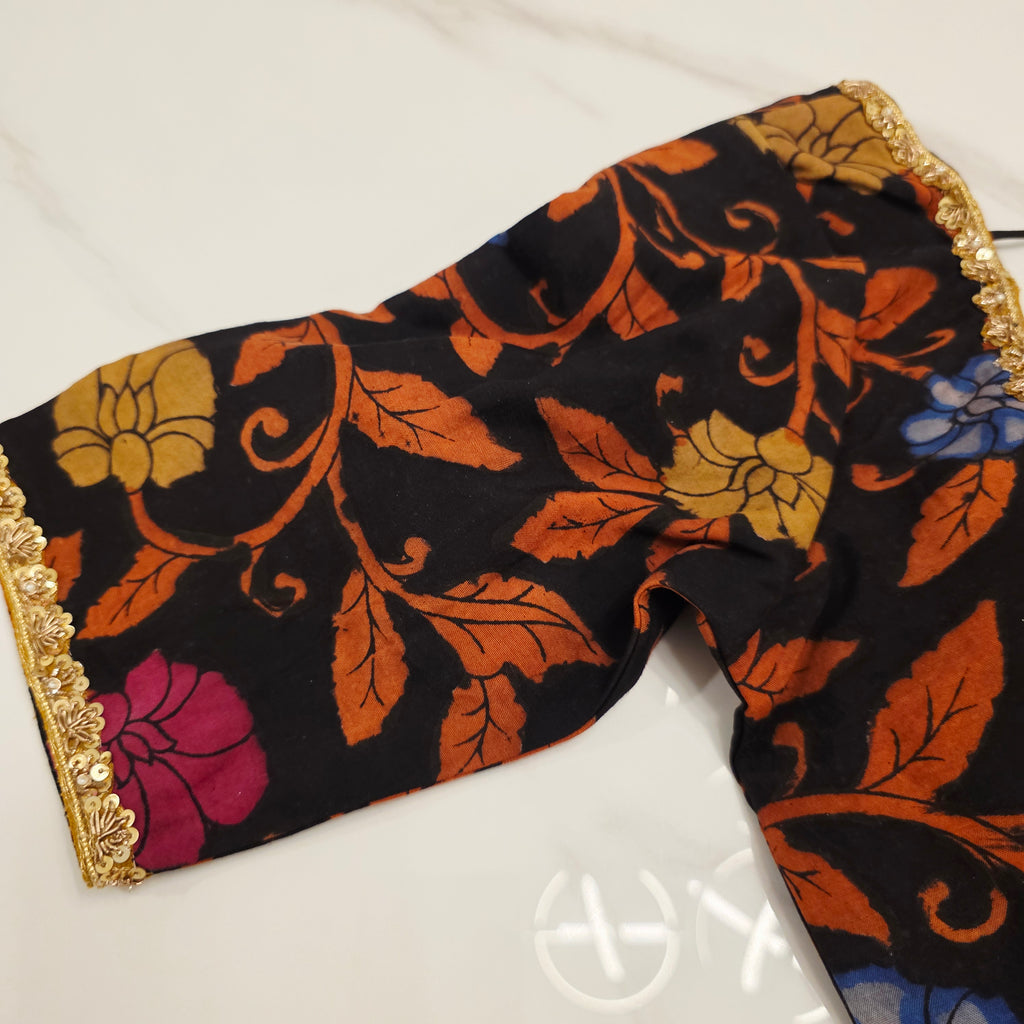 Hellgelbes, zähflüssiges Organza-Saree mit Kalamkari-Bluse