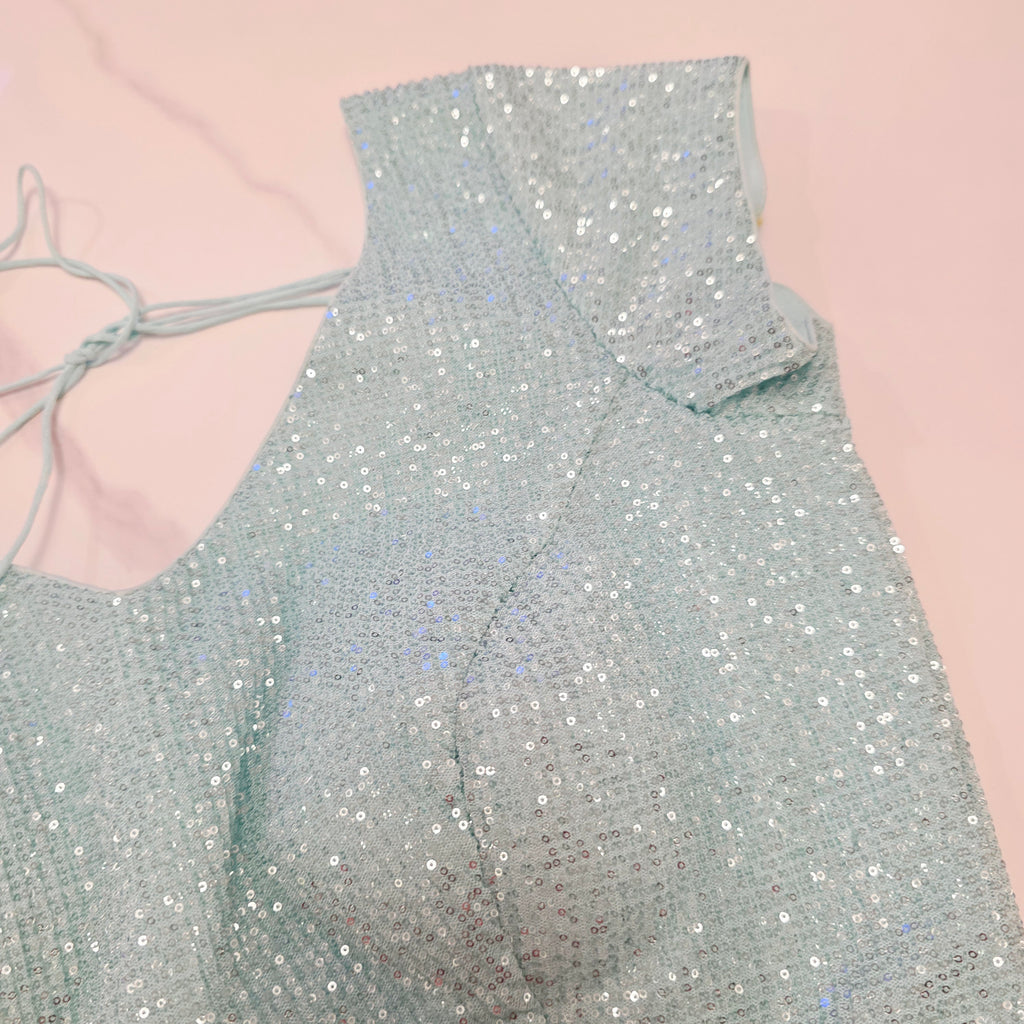 Skyblue Sequin Partywear Saree With allover Roses paired with soft sequin blouse