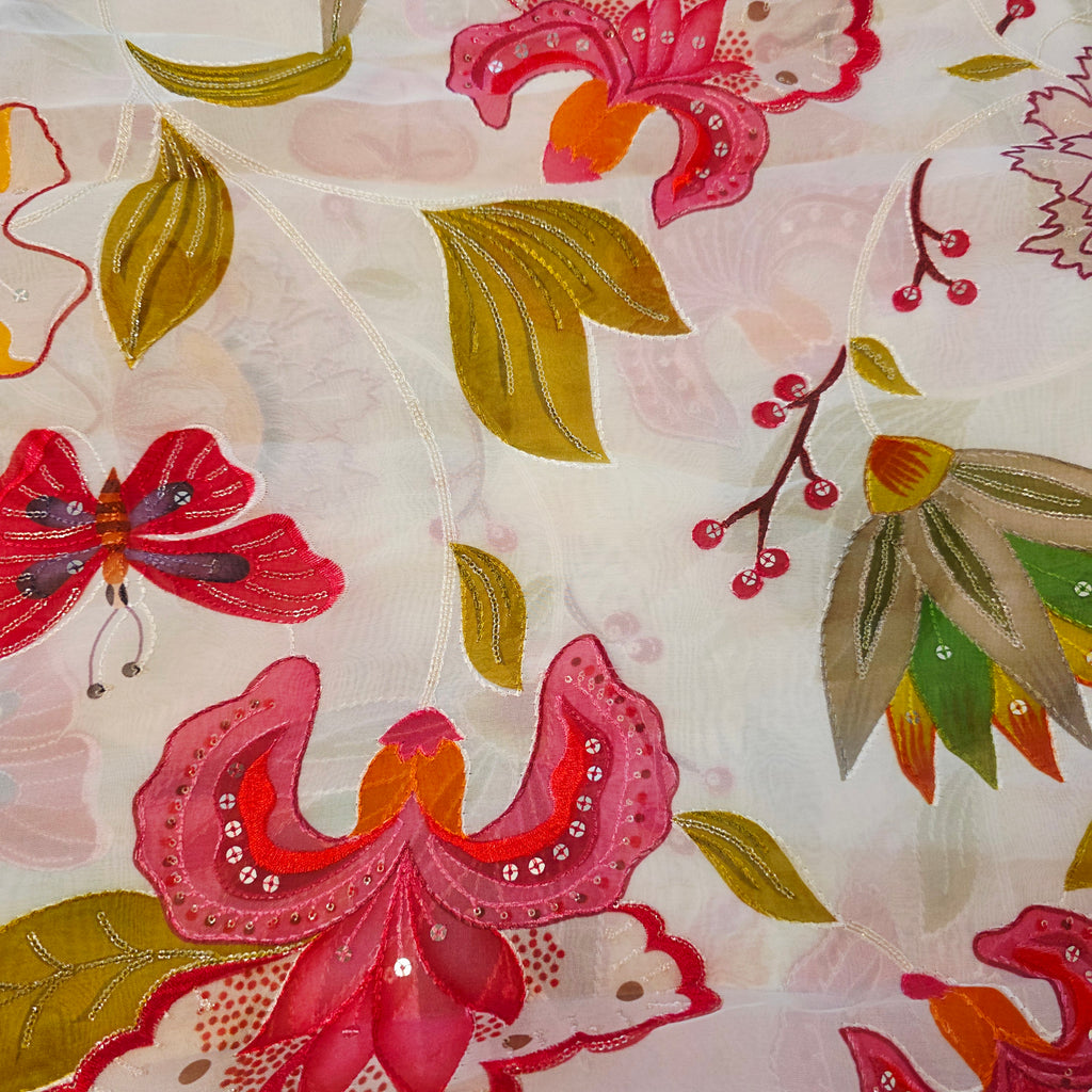 White Viscious Organza Saree with Floral pattern with Net designer Blouse