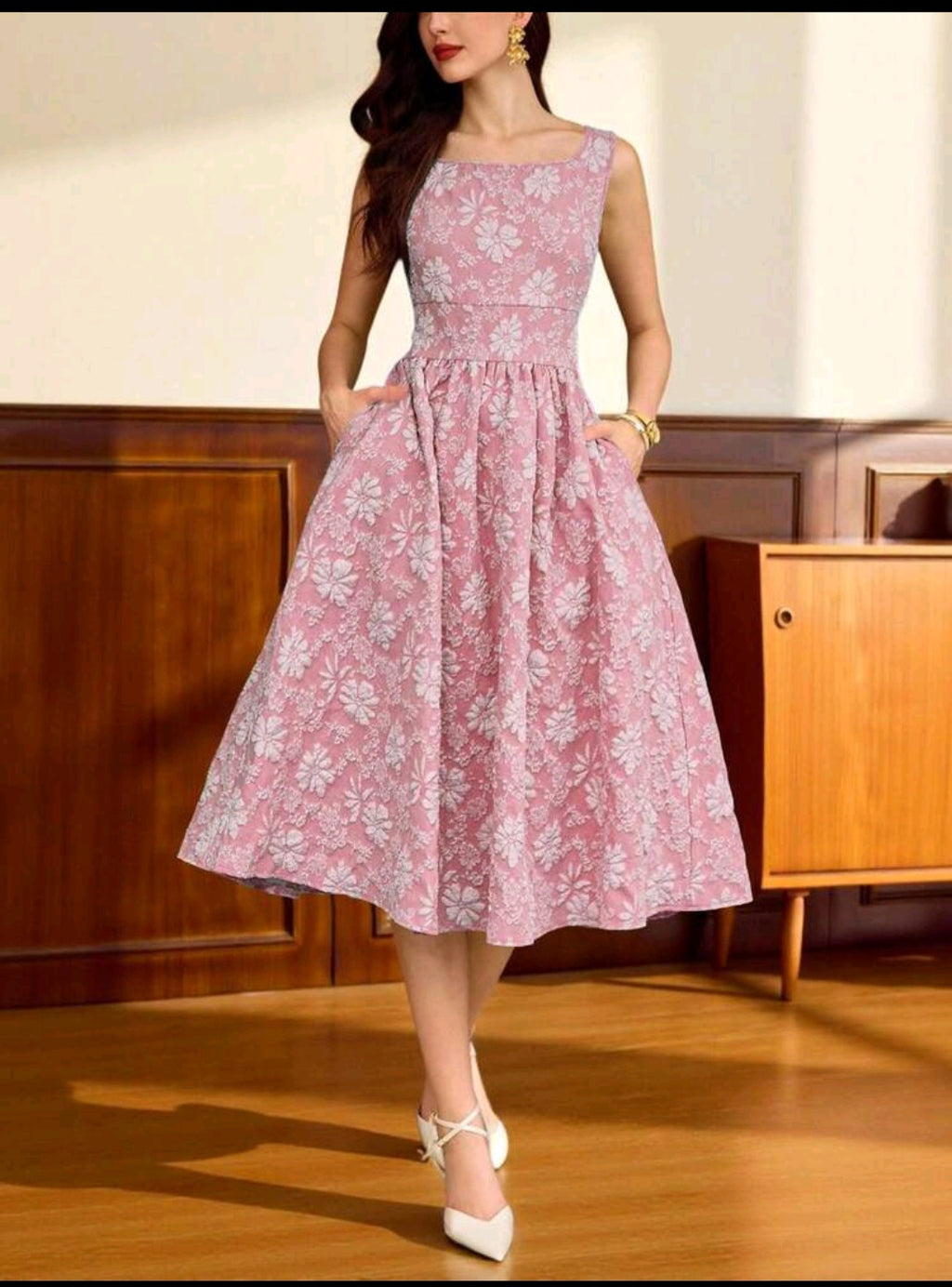 Womens Jaquard Dresses Below the Knee with pocket