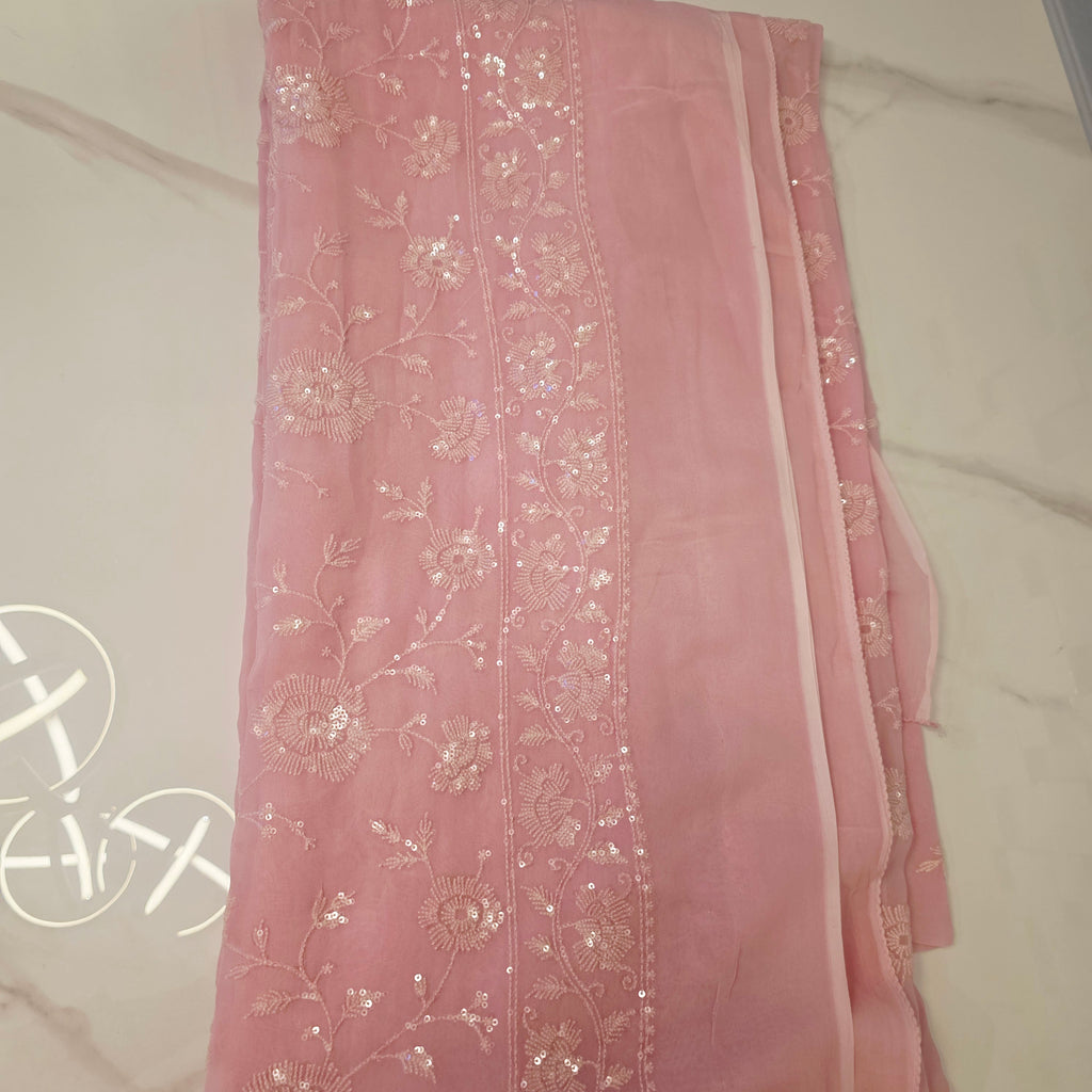 Baby Pink Sequin Georgette Saree With Skyblue Blouse