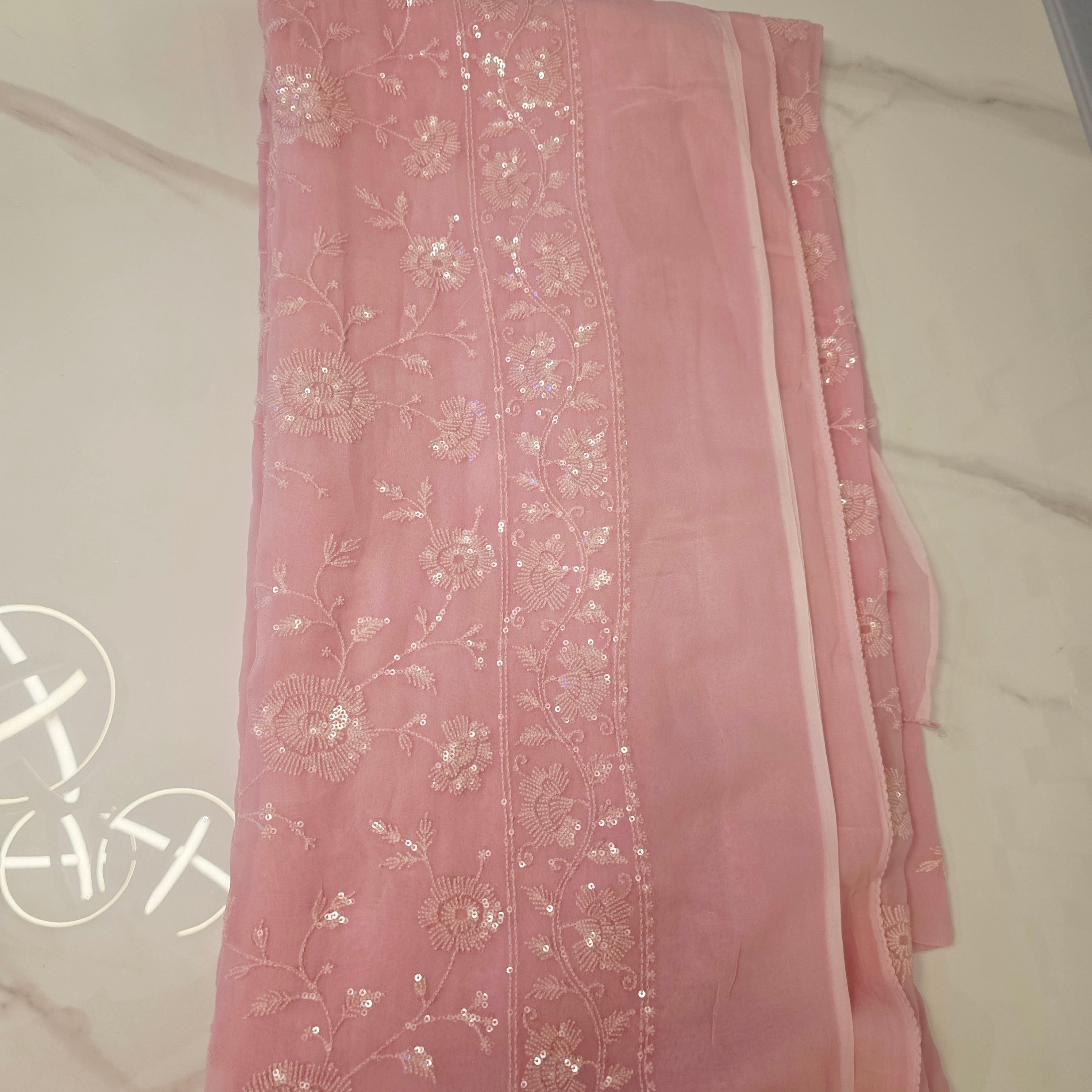 Baby Pink Sequin Georgette Saree With Skyblue Blouse