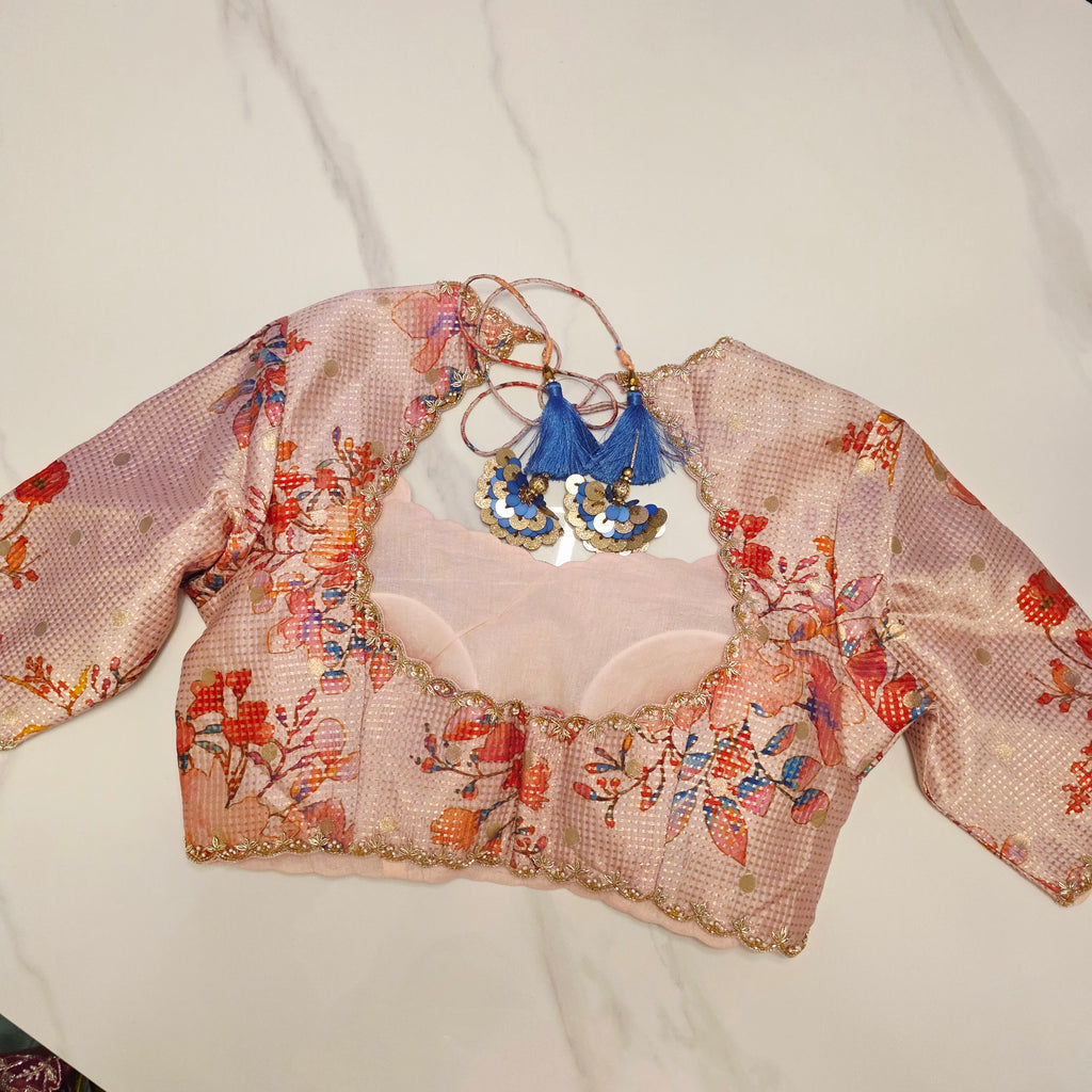 Rote Chanderi Tissue-Streifen-Saree mit geblümter Designer-Bluse