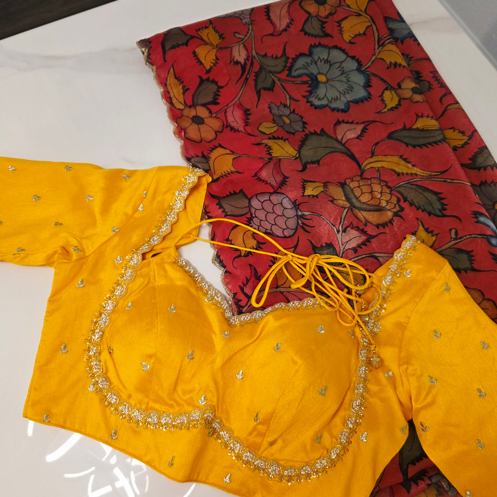 Orange Crape Silk Saree With Yellow Jacket Blouse