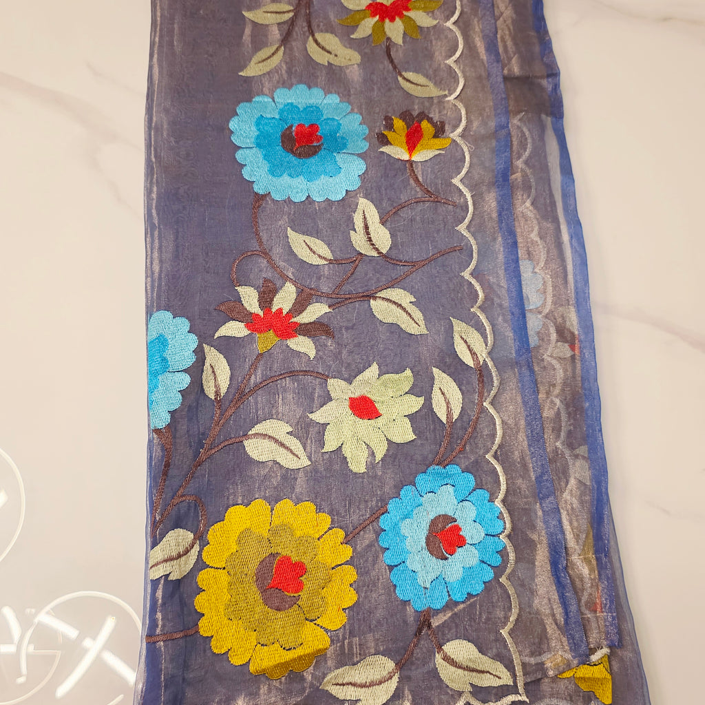 Blue Banaras Saree with Floral Embroidery