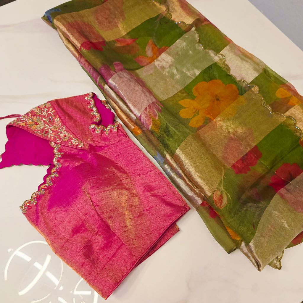 Green Stripes Premium Organza Saree with Cutwork borders paired with Tissue Rawsilk Maggam Blouse