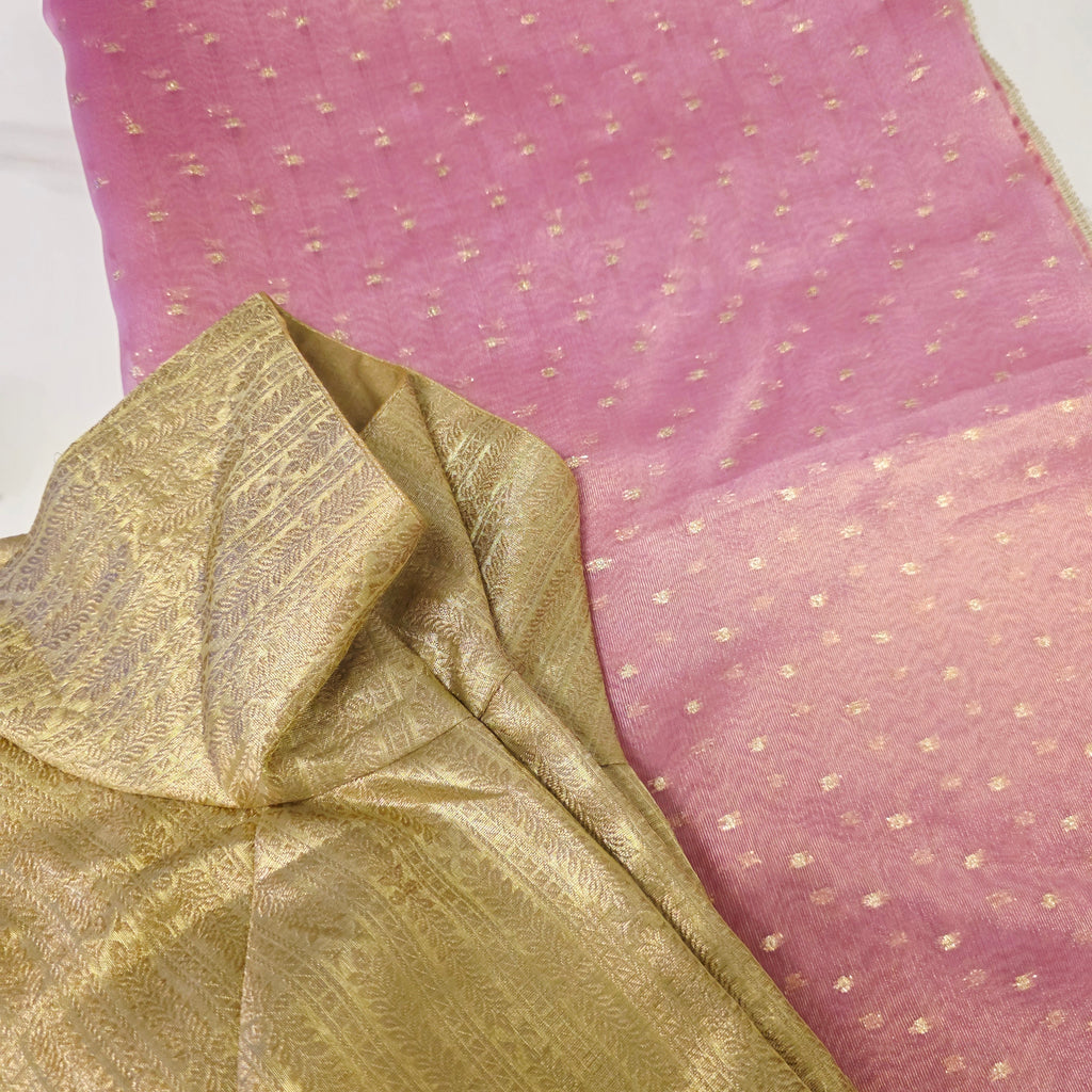 Damen Pink Falling Tissue Saree mit goldener Bluse