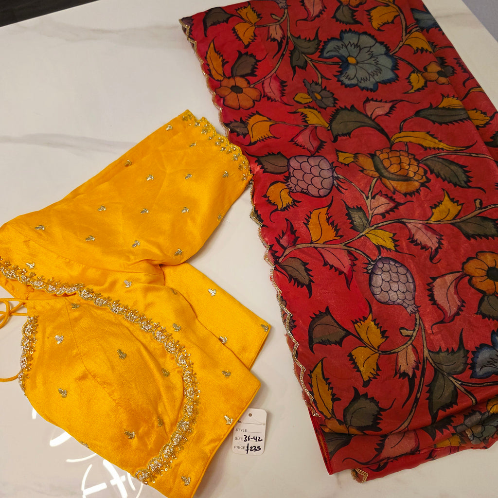 Orange Crape Silk Saree With Yellow Jacket Blouse
